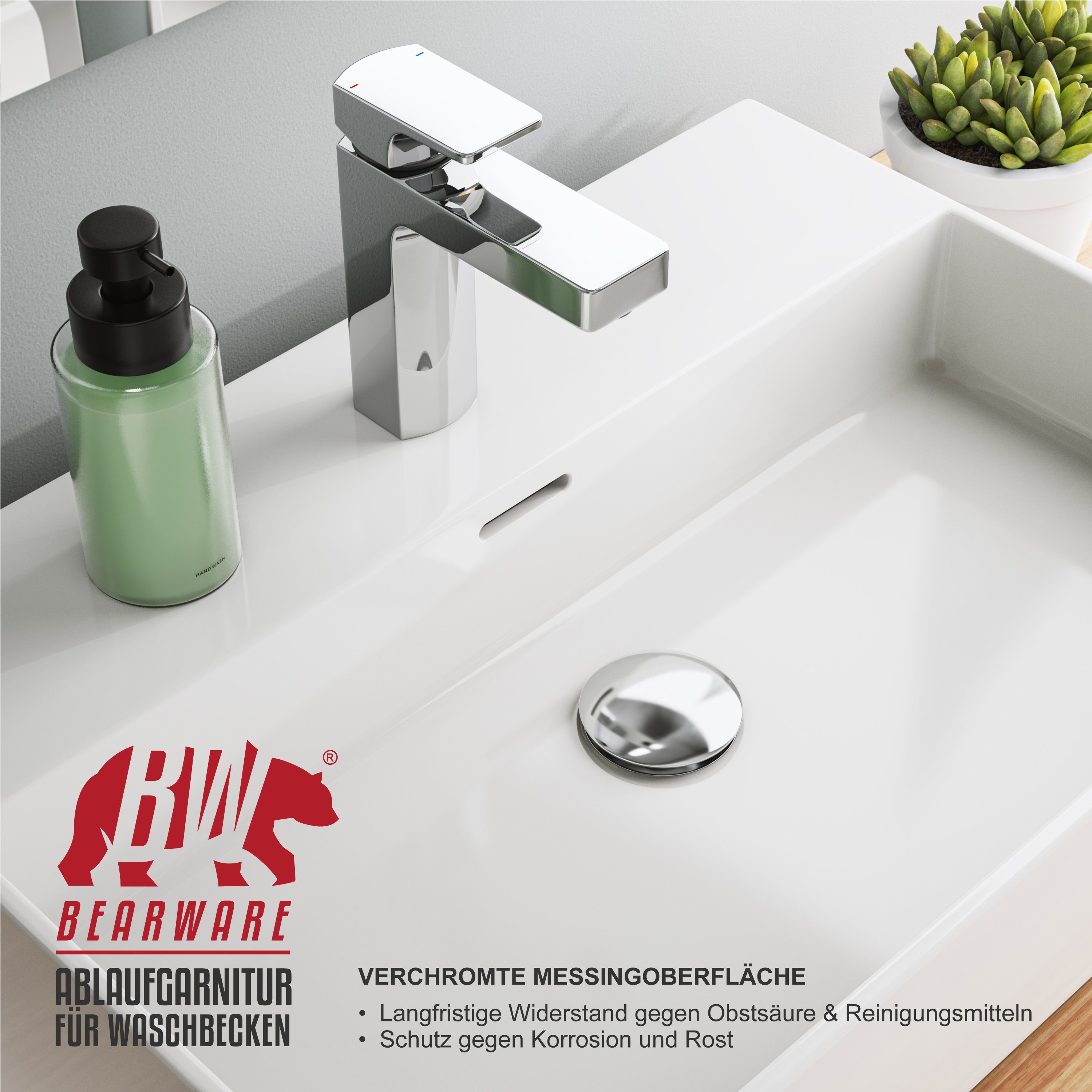 BEARWARE Ablaufgarnitur mit Überlauf Stöpsel, Messing verchromt, 1¼ Zoll, Ablaufventil, Pop Up
