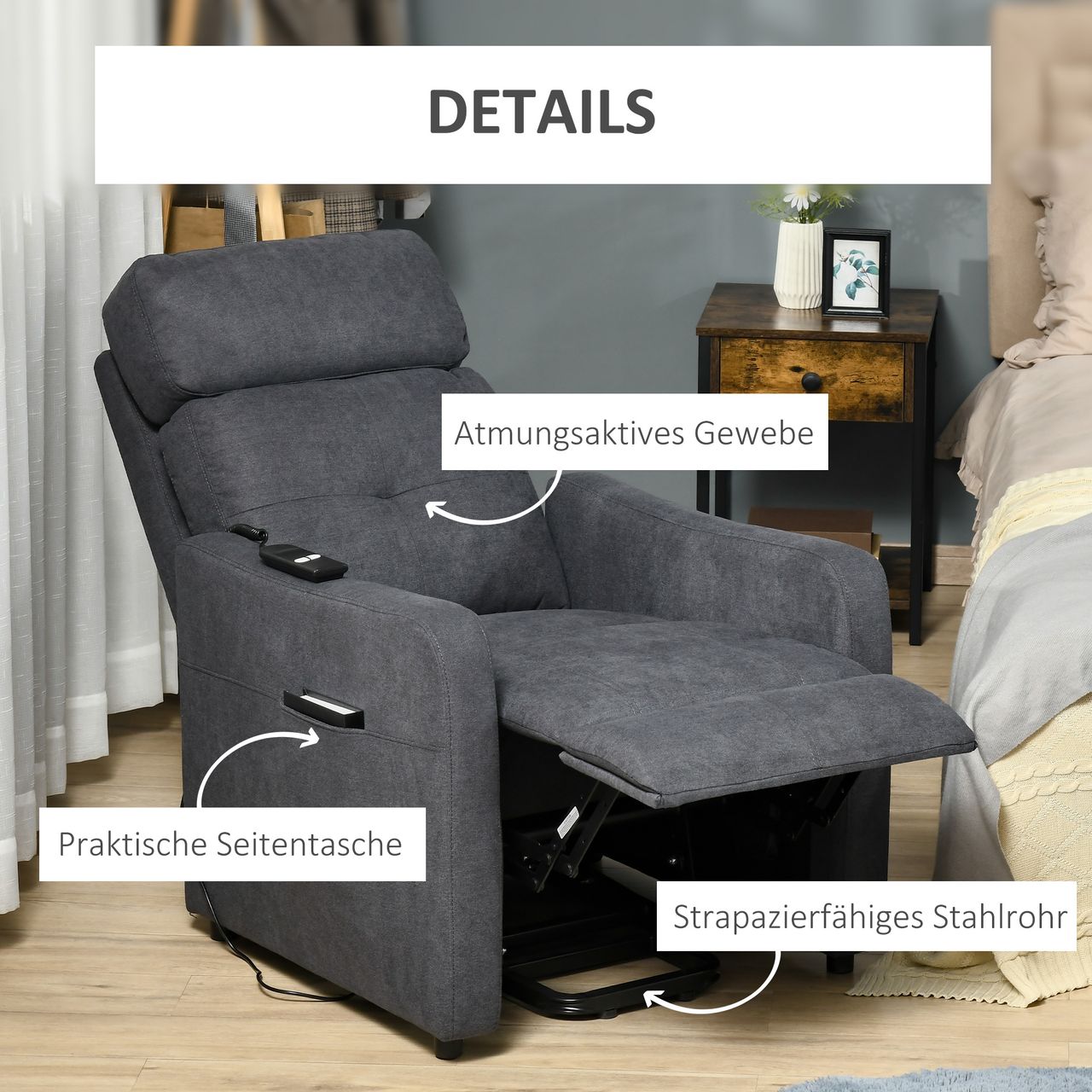 HOMCOM Elektrischer Relaxsessel Fernsehsessel Sessel mit Aufstehhilfe Relaxsessel mit liegefunktion mit Fernbedienung Polyesterstoff Stahl Grau 71 x 94 x104 cm
