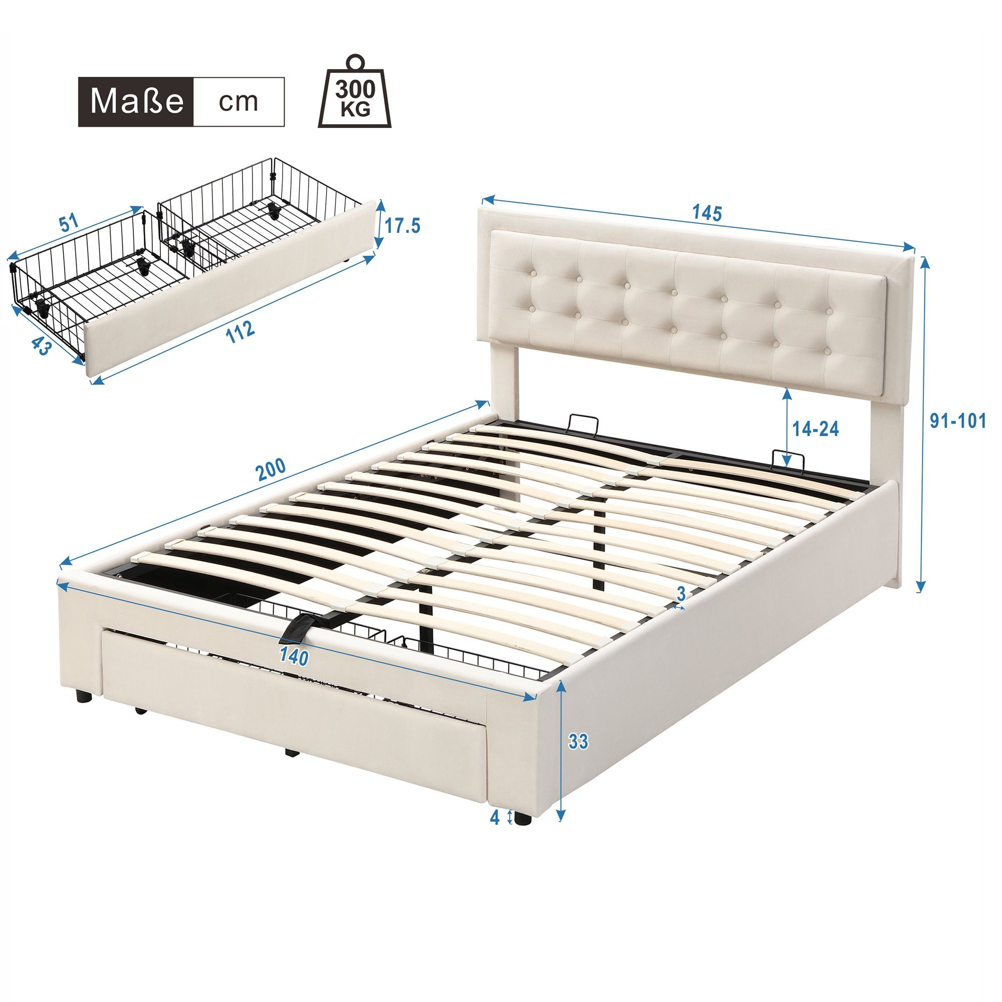 Ulife Polsterbett hydraulisches Doppelbett Funktionsbett Bettrahmen (mit Lattenrost und Kopfteil,mit 2 Schubladen), Holzlattenunterstützung, Samt, 140 x 200cm
