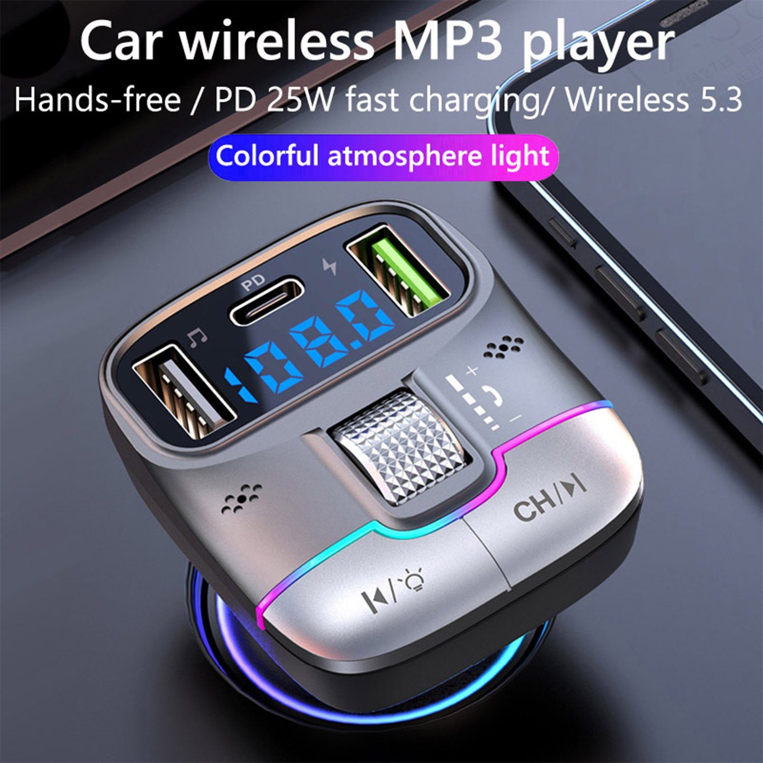 Mutoy Bluetooth 5.3 FM Transmitter für Auto,MP3-Player KFZ-Transmitter 2 Mikrofone, Typ C PD 25W Dual USB Schnell ladegerät Auto, Stärkeres Dual Mic & Bass-Boost