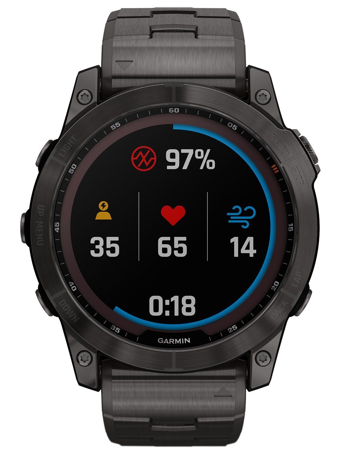 Garmin fenix 7X Saphir Solar Schwarz mit Titan-Band Fitnessuhr (3.55 cm/1.4 Zoll, Proprietär), 1-tlg.
