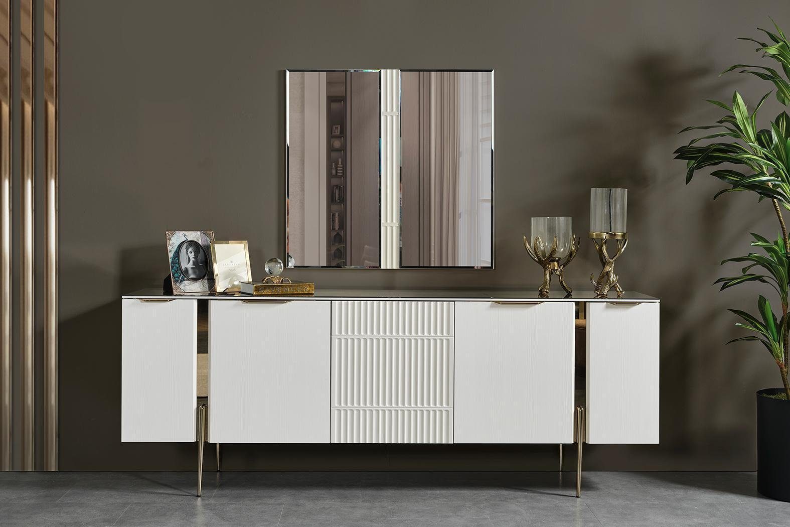 JVmoebel Esszimmer-Set Stilvolle Esszimmergarnitur Esstisch Stühle Sideboard Designer Spiegel, (9-St., Esstisch, 6x Stühle, Sideboard, Spiegel), Made in Europa