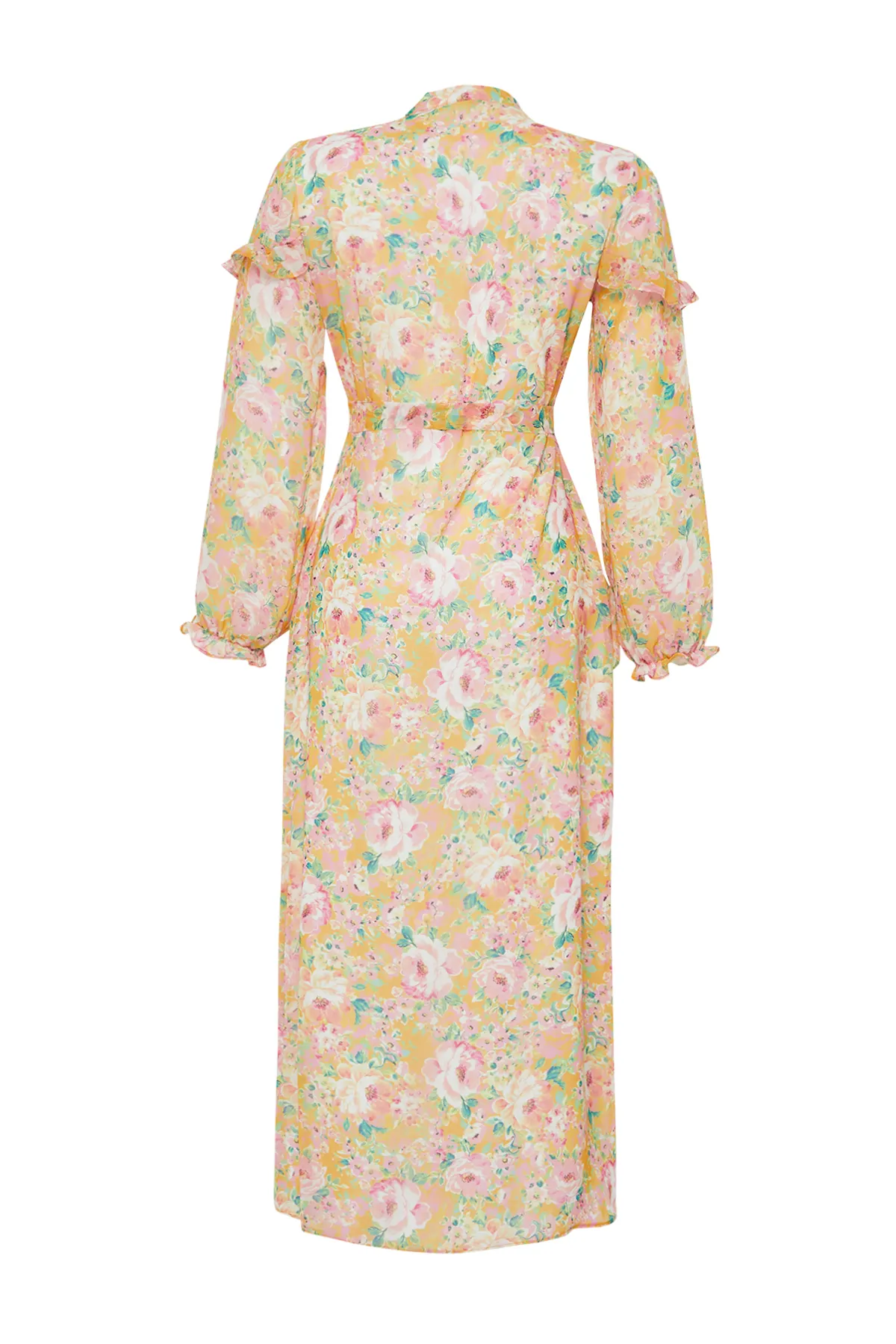 Trendyol Modest  Orangefarbenes, gefüttertes Kleid aus gewebtem Chiffon mit Blumenmuster und Rüschendetail TCTSS24EB00003