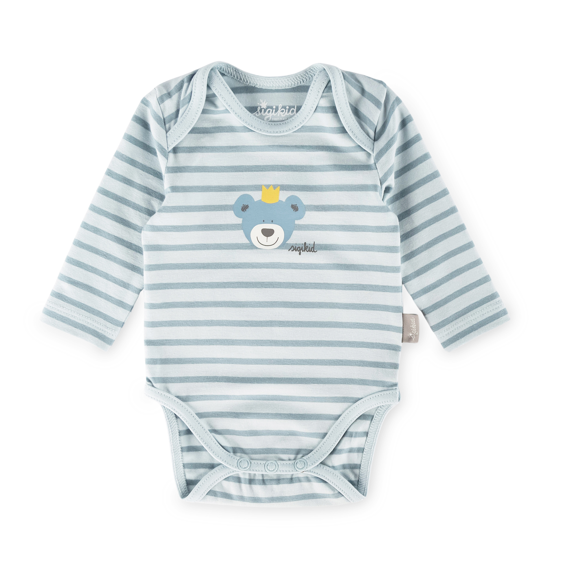 Langarm Babybody Krönchen Bär, blau geringelt