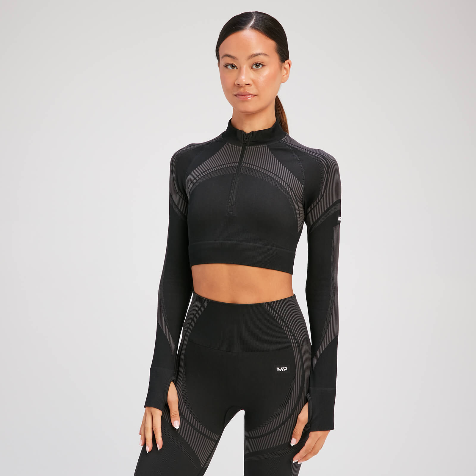 Crop top sans coutures à manches longues et à fermeture éclair ¼ MP Tempo Ultra pour femmes – Noir