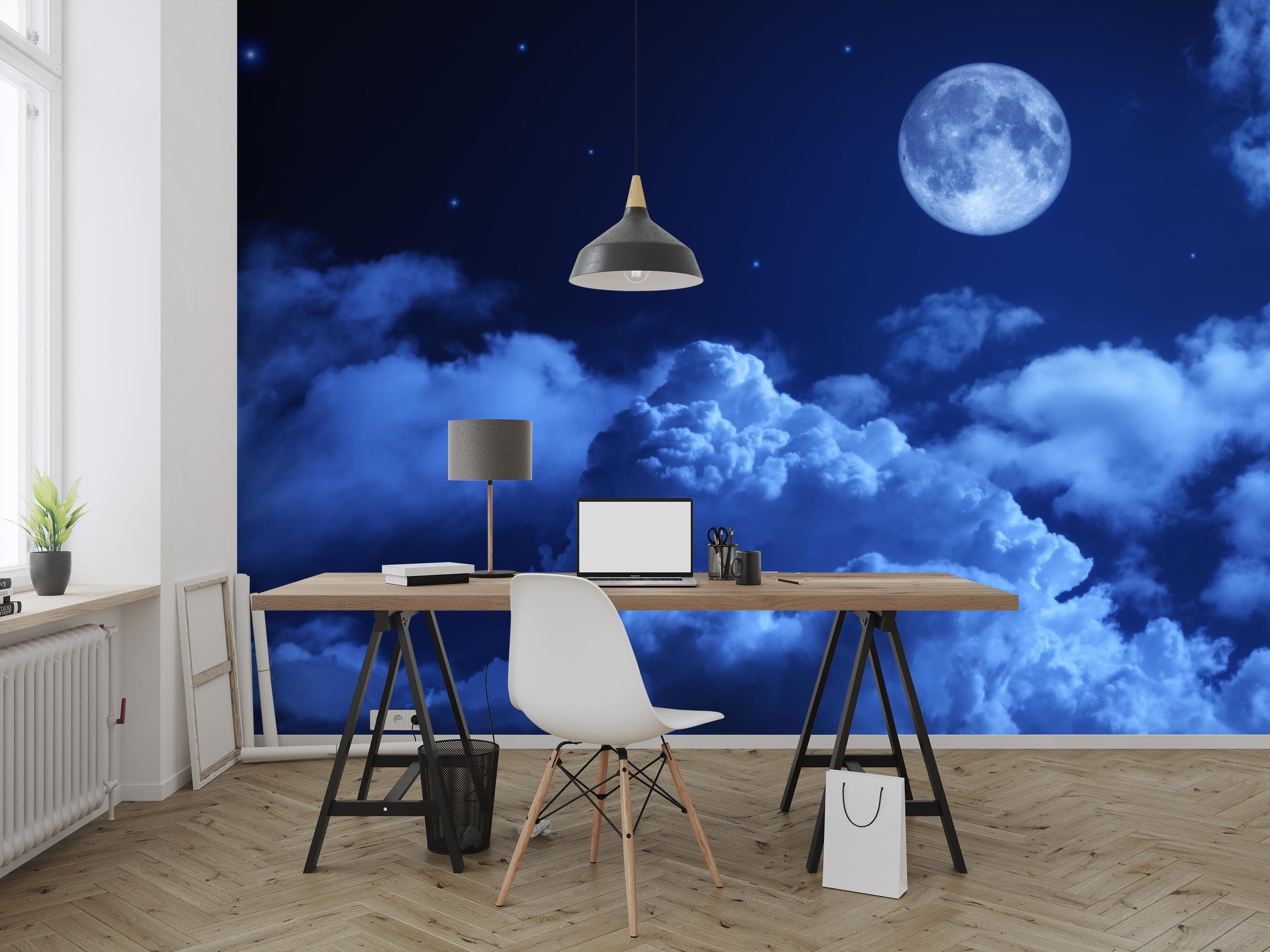 wandmotiv24 Fototapete Nacht Mond Himmel Sternen Wolken Blau, glatt, Wandtapete, Motivtapete, matt, Vliestapete