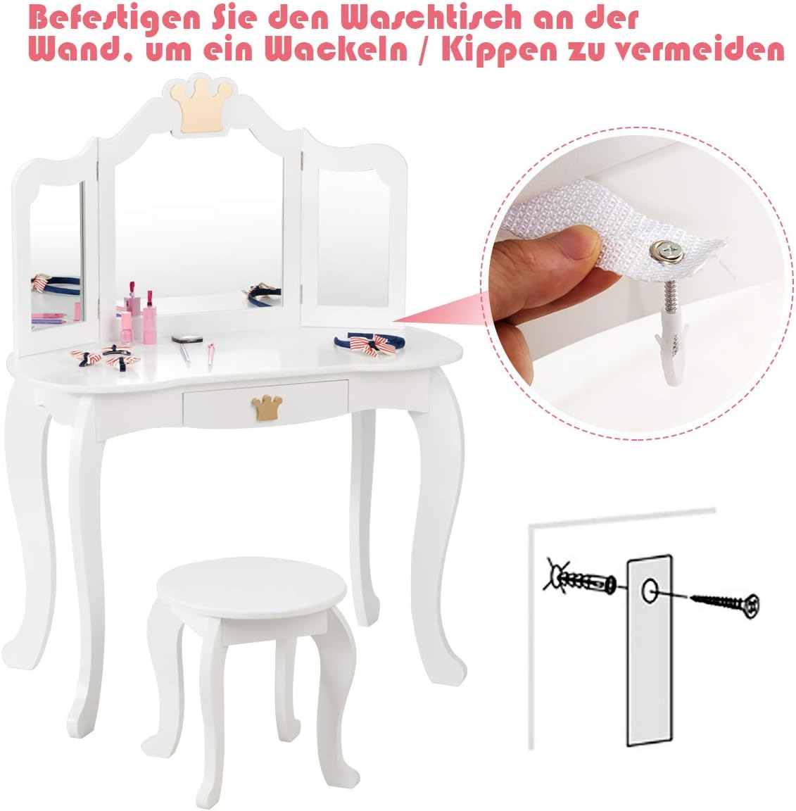 Costway COSTWAY Kinder Schminktisch mit Hocker und Abnehmbarer Spiegel