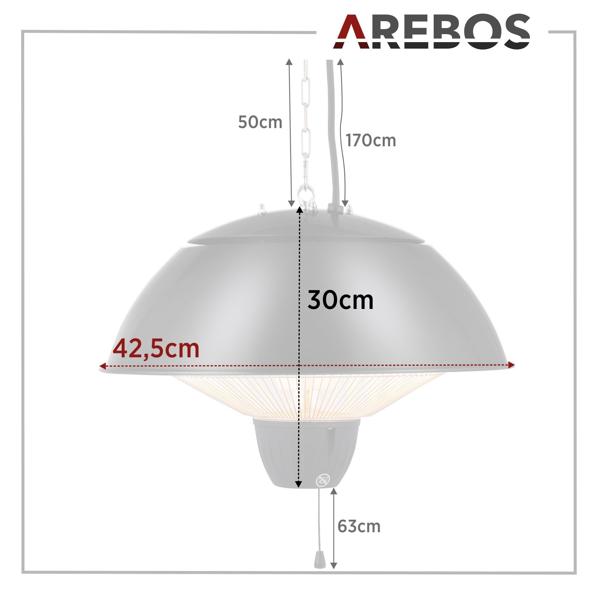 Arebos Heizstrahler Infrarot Deckenheizstrahler 1500 W, mit Zugschalter, Sofortwärme für einen Bereich von ca. 9 m²