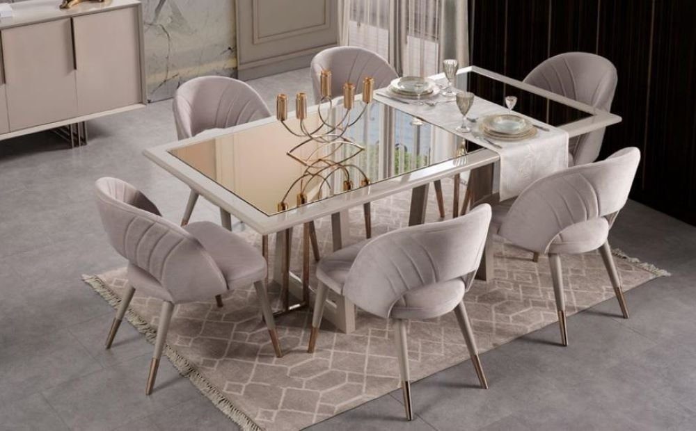 JVmoebel Esszimmer-Set Esszimmermöbel Set Esszimmer Garnitur 7tlg Esstisch Stühle Beige Holz, (7-St)