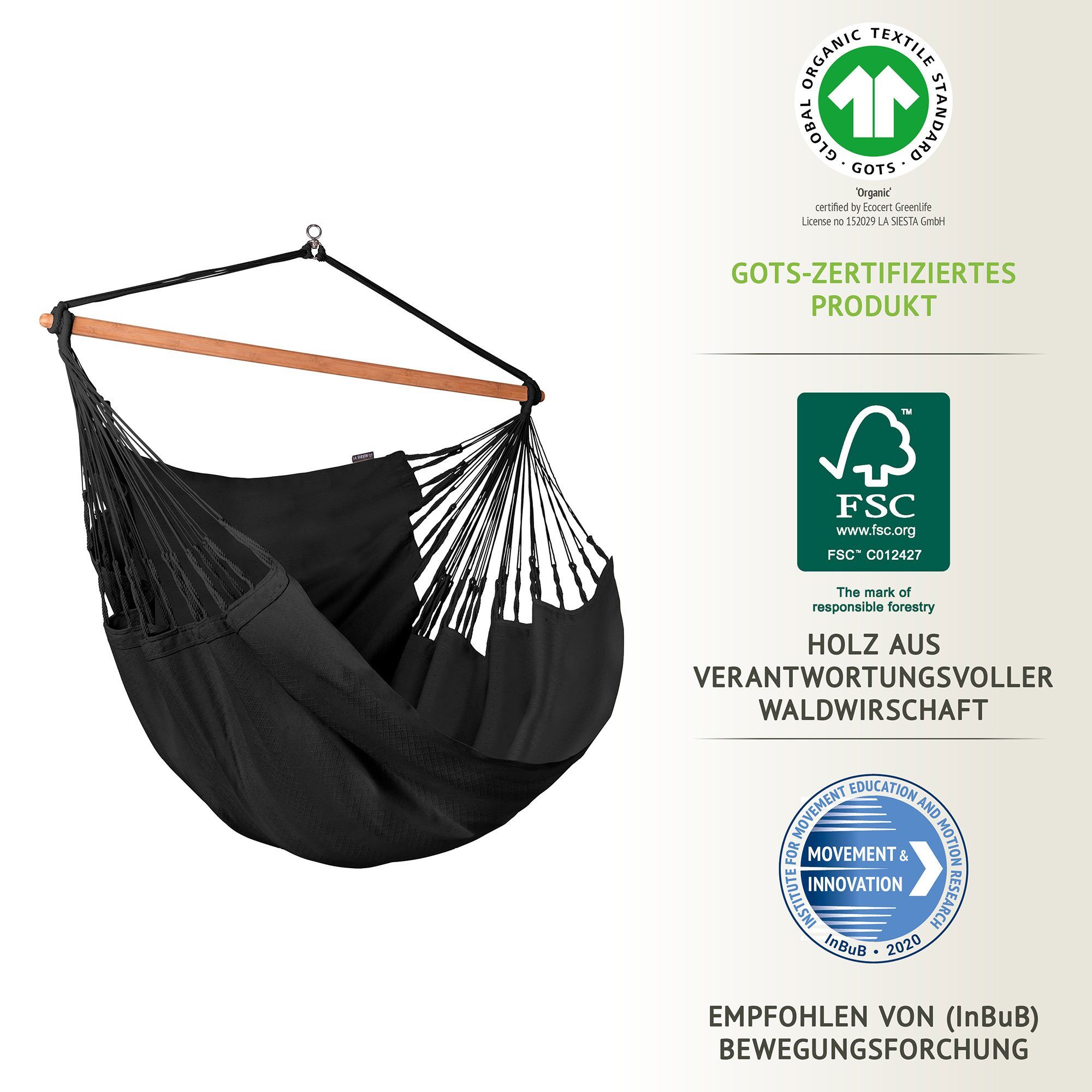 La Siesta Hängestuhl Hängestuhl Hängesessel Lounger HABANA Onyx schwarz - Kingsize aus Bio-, Hochwertige Qualität