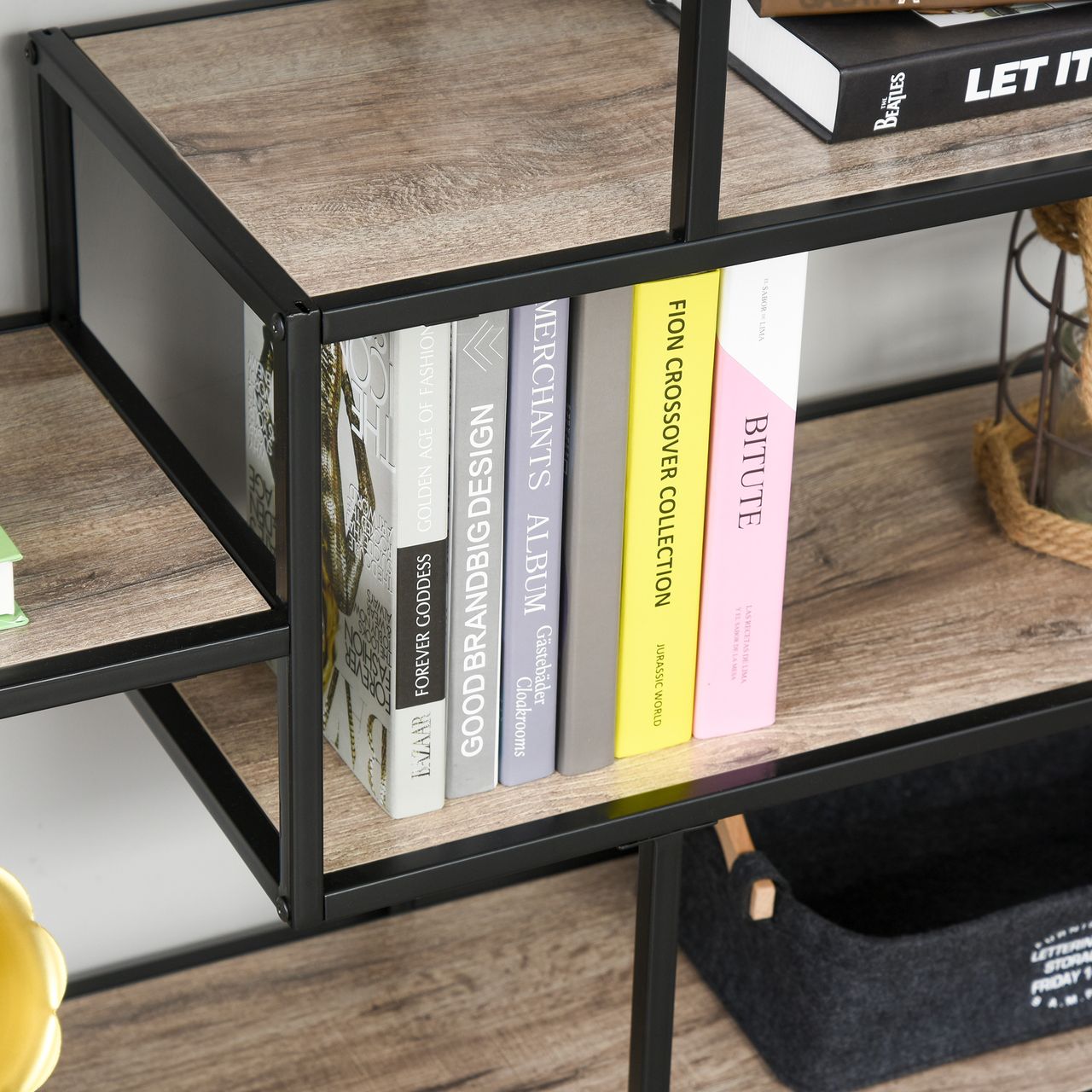 HOMCOM Standregal, Bücherregal Lagerregal Industrieller Stil, Aktenregal, Küchenregal, P2 Spanplatte, Metall, Schwarz helle Eiche, 120 x 32 x 95 cm