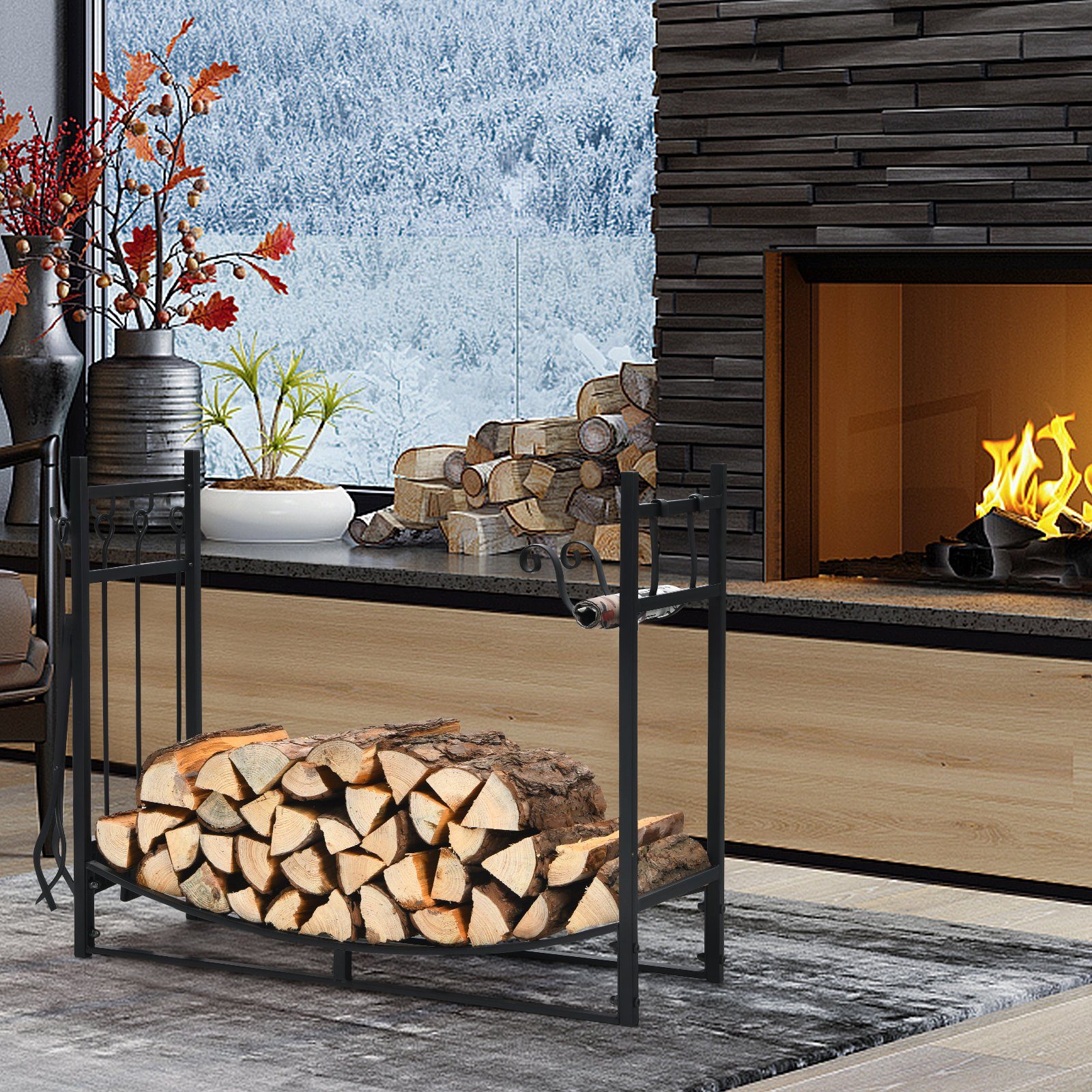 COSTWAY Kaminholzregal, BxTxH:33x90x76 cm, mit 4 tlg. Kaminbesteck Set