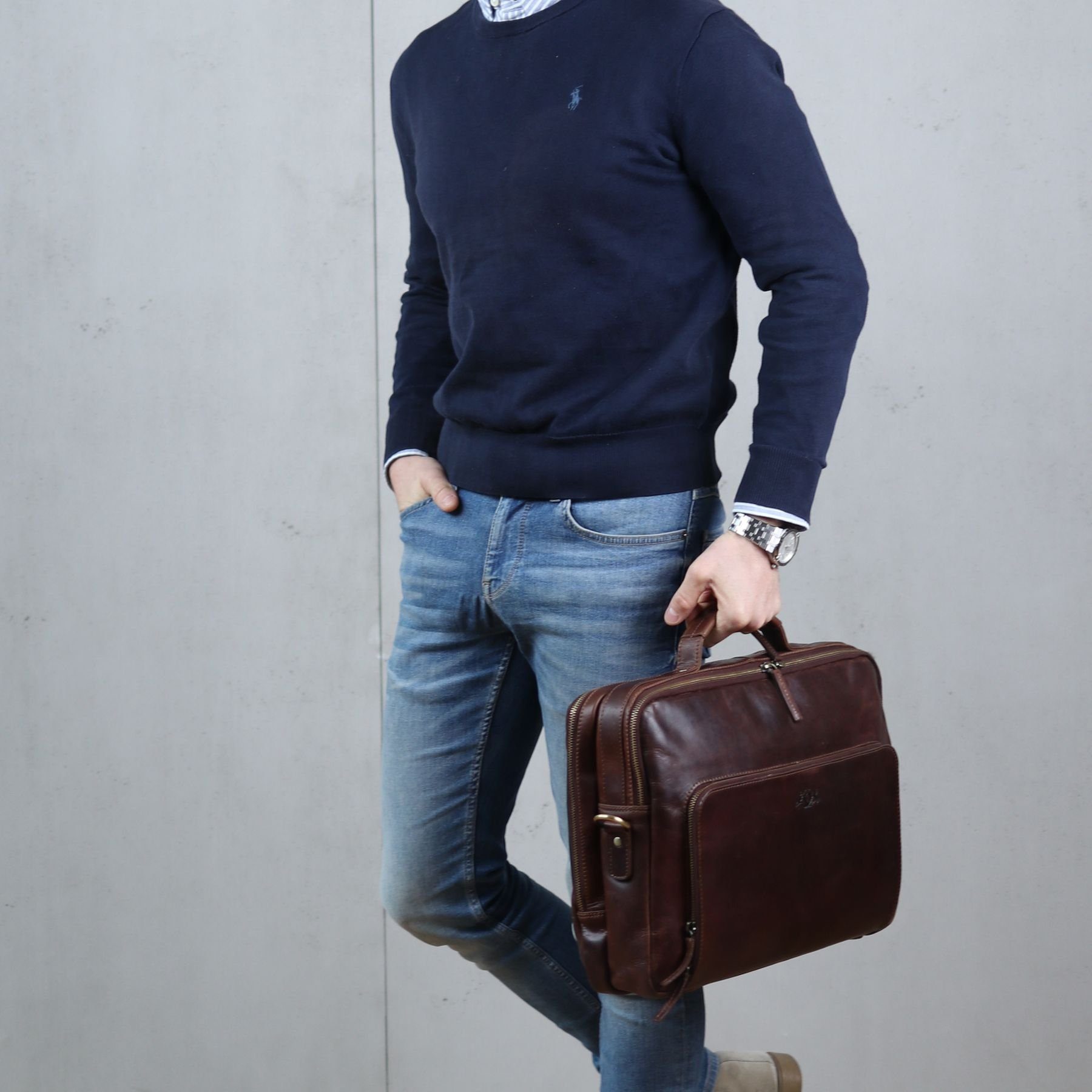 SID & VAIN Laptoptasche Leder Businesstasche Unisex SIMON, Laptoptasche 15,4 Zoll, Aktentasche Echtleder Damen Herren braun