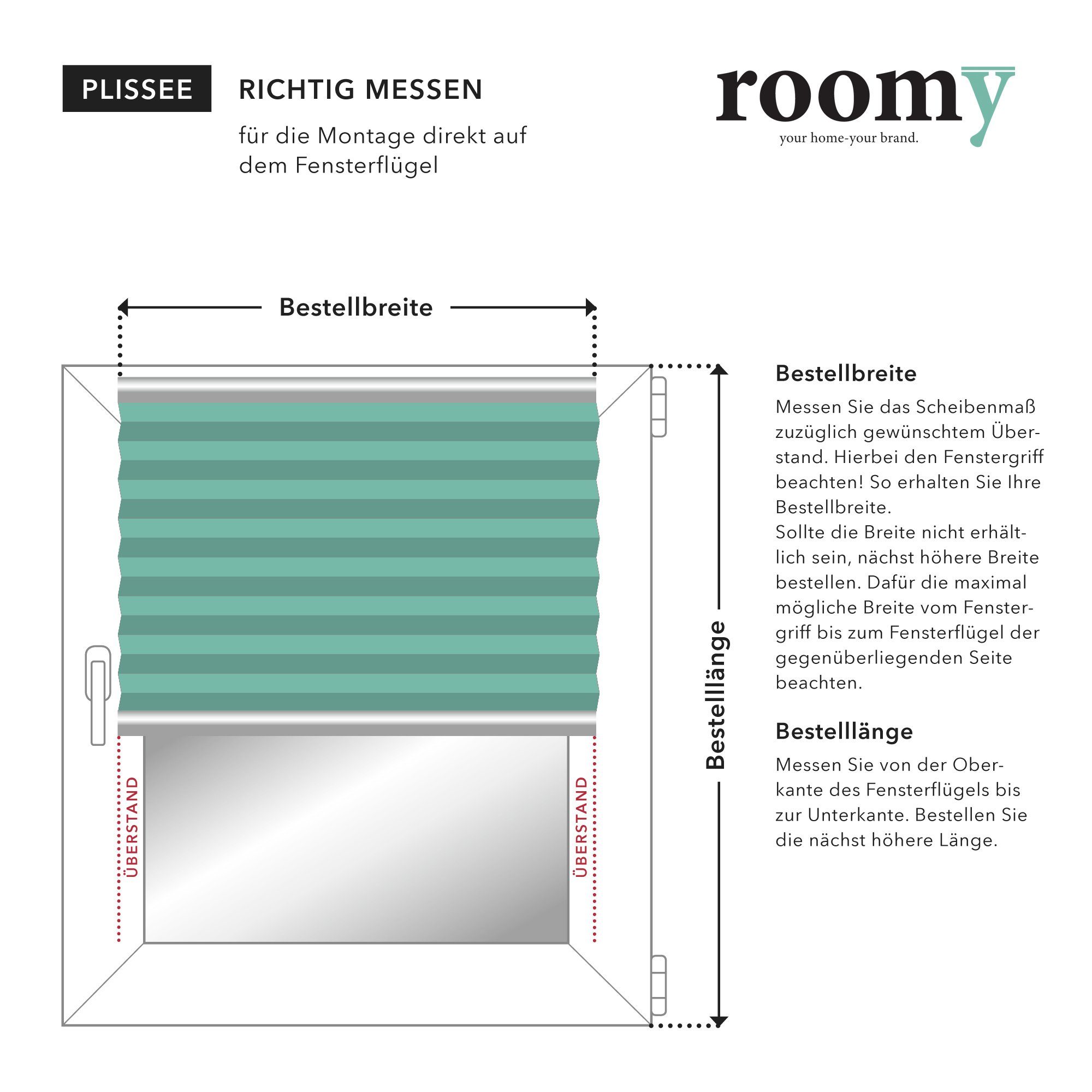 Plissee Plissee, Roomy, verspannt, Klemmbar, Klemmfix, ohne Bohren, Klemmfix, verspannt, blickdicht, Sichtschutz Sonnenschutz Jalousie Lichtschutz: lässt Tageslicht hindurch und ist gleichzeitig ein optimaler Blendschutz, verstellbare Klemmträger, oh