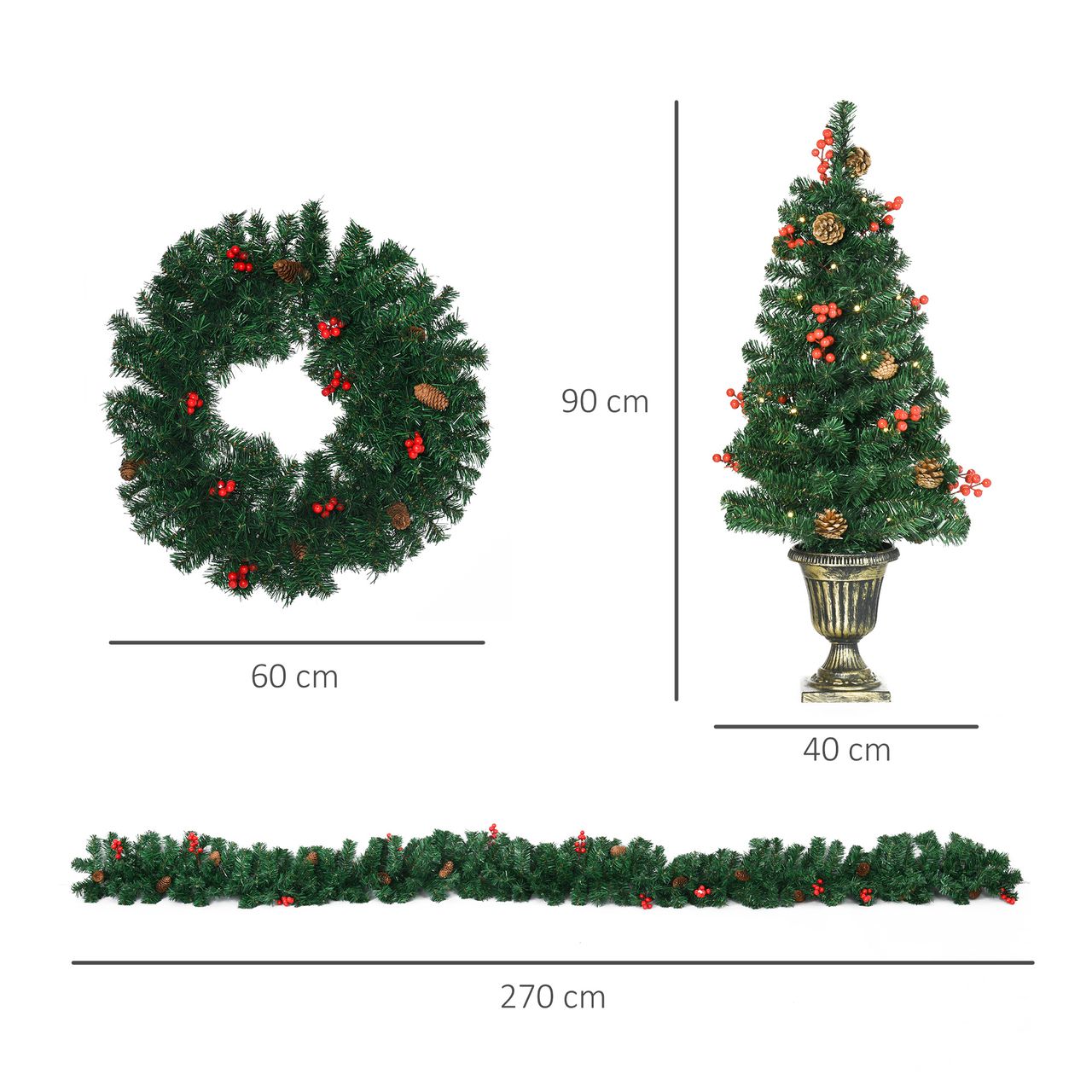 HOMCOM 4-teiliges Set Weihnachtsschmuck Haustür Deko Weihnachtsdekoration-Set mit LED-Beleuchtung inkl. 2 Weihnachtsbäume, 1 Weihnachtskranz, 1 Weihnachtsgirlande