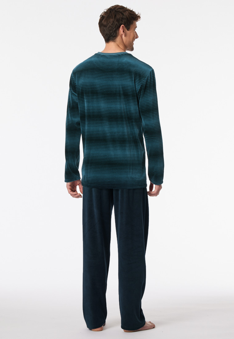 Schlafanzug lang Velour Streifen jeansblau - Casual Nightwear