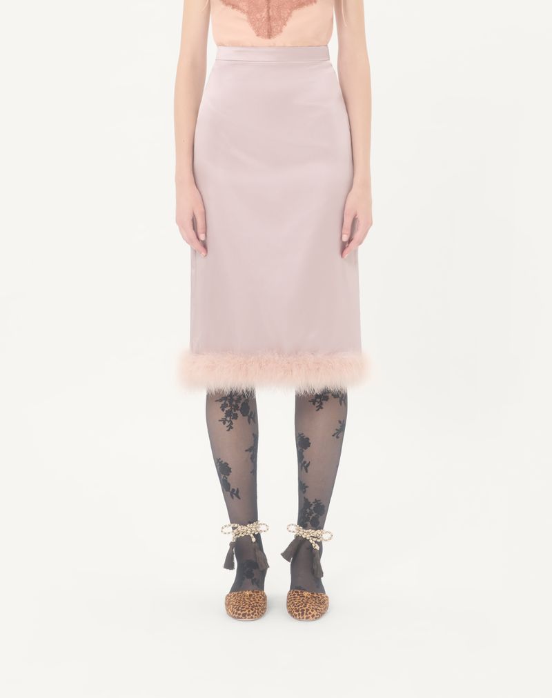 Satin Midi Nederdel med Fjer
