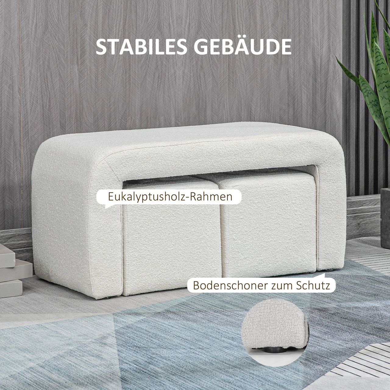 HOMCOM Fußhocker 3 tlg.,Sitzhocker, Ottomane mit 3 Hockern, Fußstütze, Weiß