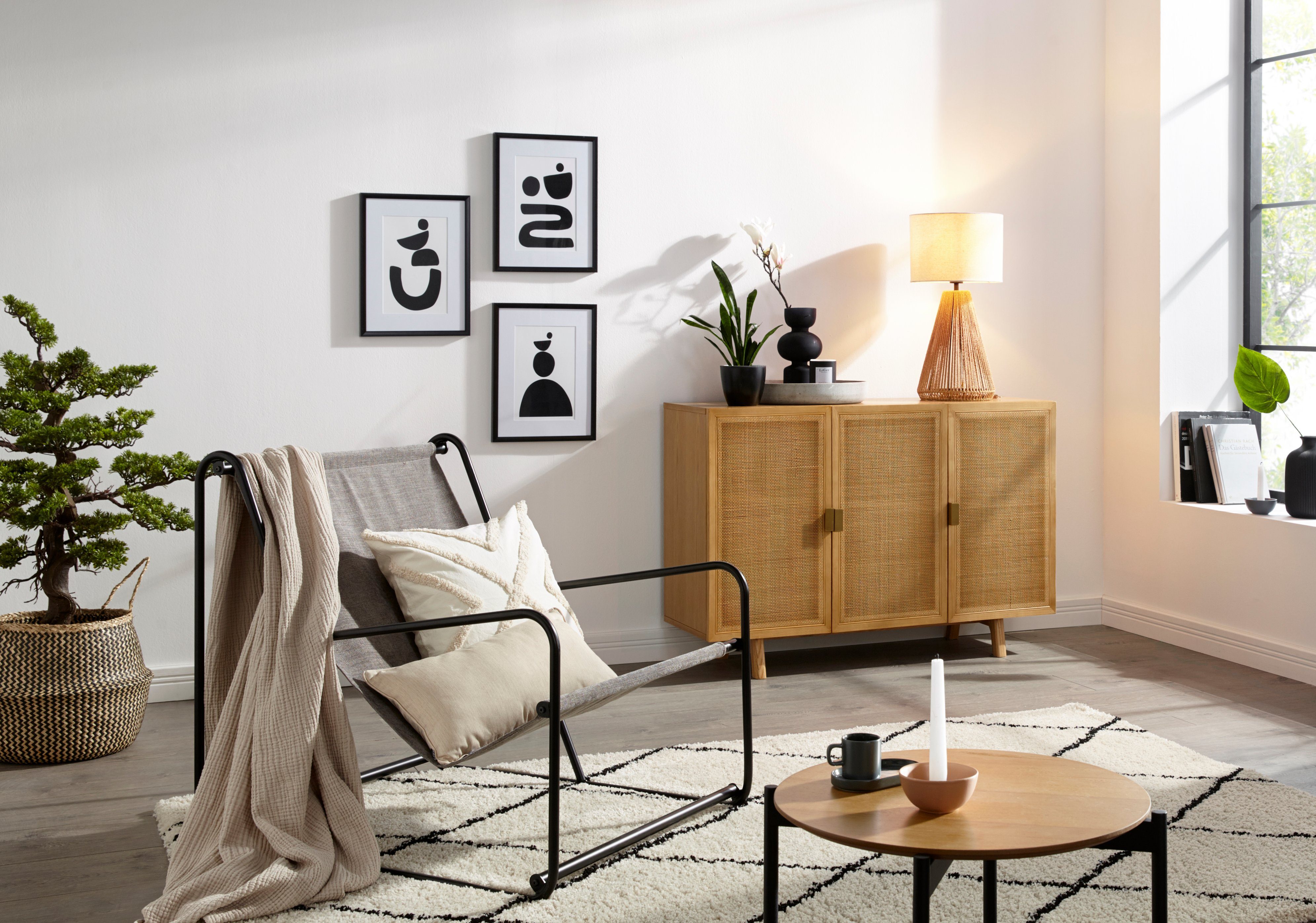 LeGer Home by Lena Gercke Sideboard Lina, Mit Rattan Einsatz, 4 Innenfächer, teilmassiv