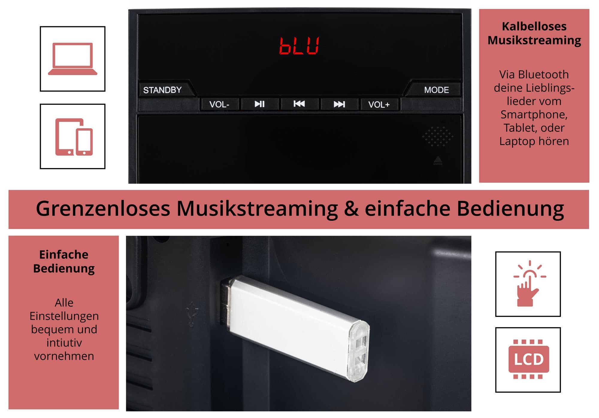 Beatfoxx MCD-60 Vertikal Stereoanlage (UKW/MW-Radio, 6,00 W, Microanlage mit CD/MP3-Player, USB-Slot und Bluetooth)