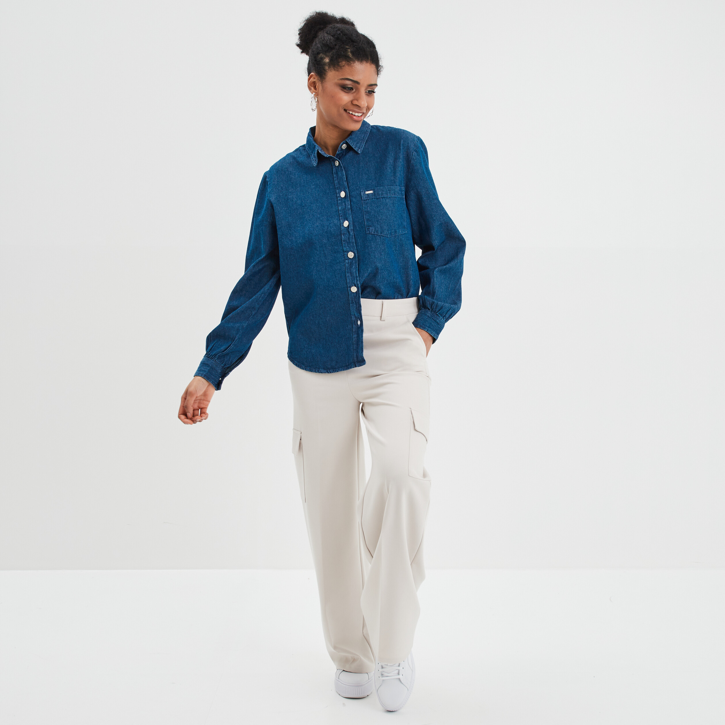 Chemise droite en jean coton Creeks denim double stone femme | La Halle