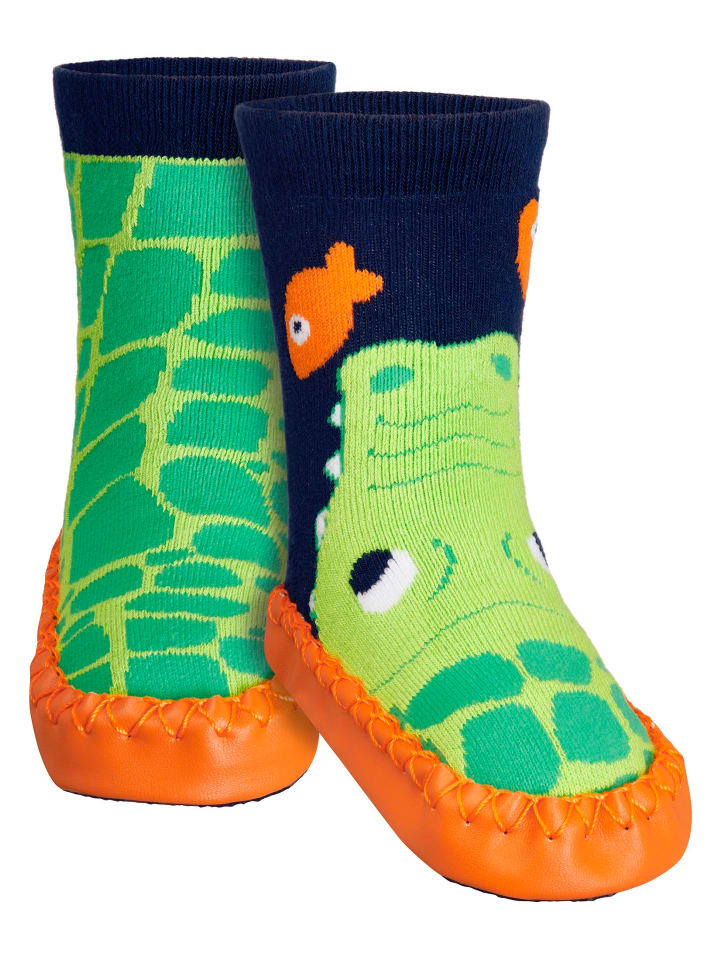Playshoes Hüttenschuh Krokodil in Marine/Grün günstig kaufen