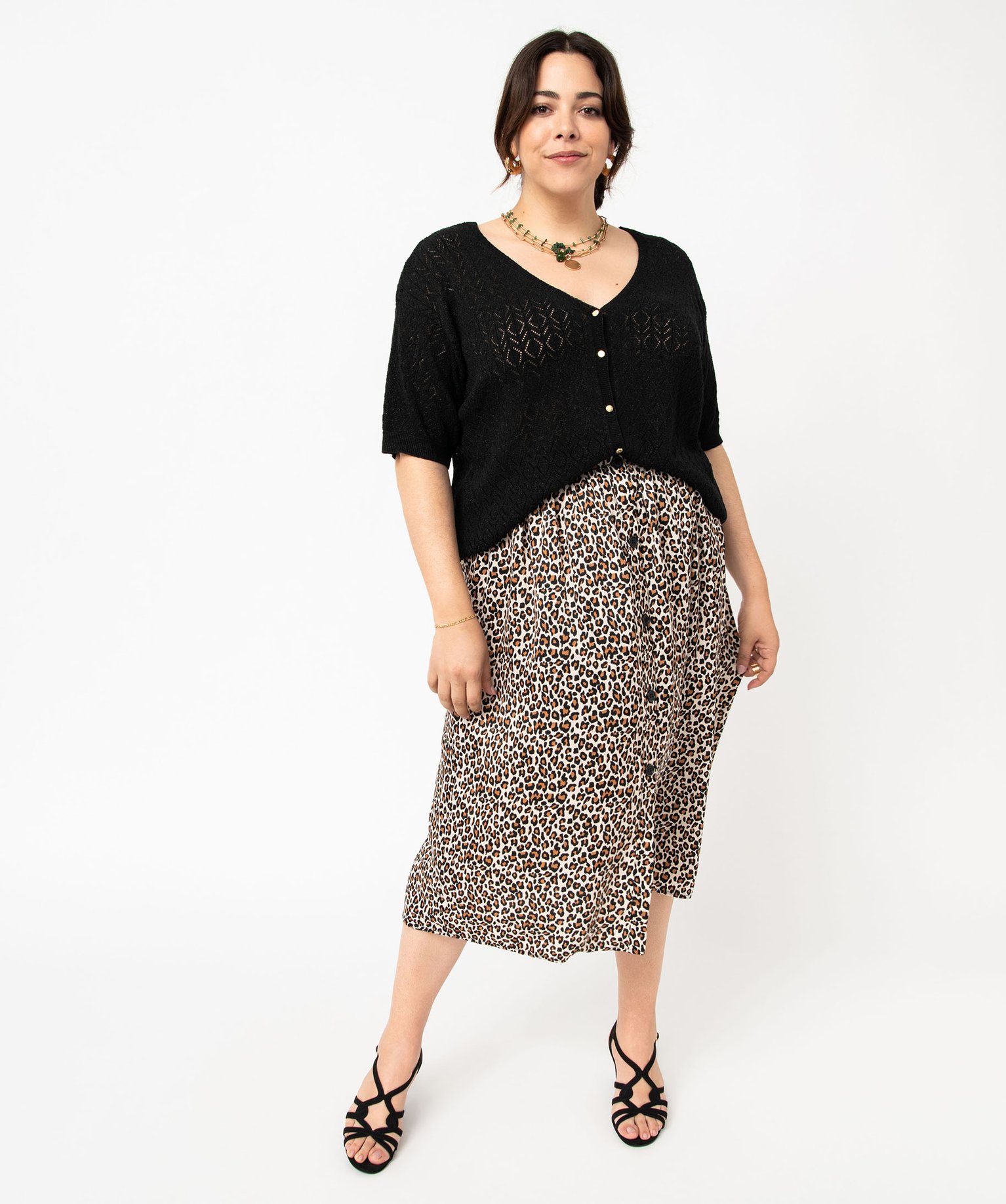 Gilet à manches courtes en maille ajourée femme grande taille noir | GEMO