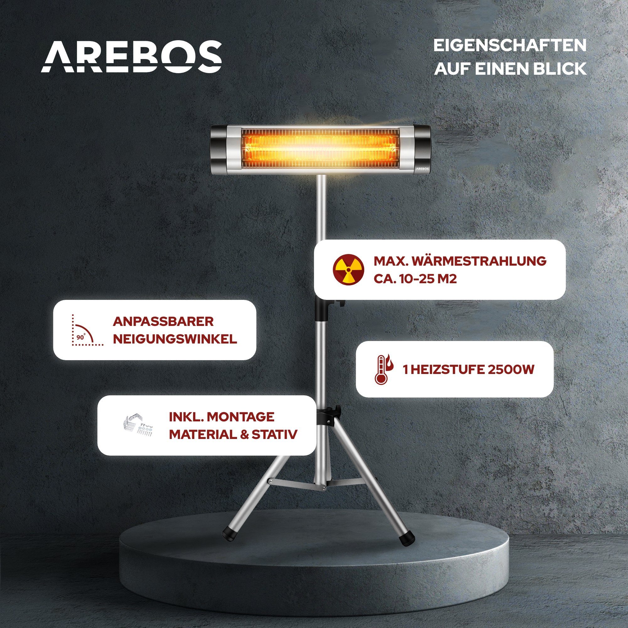 Arebos Heizstrahler mit Stativ, Höhenverstellbar, Schwenkbar, inkl. Wandbefestigung, Maße: 86 x 9 x 115 - 175 cm