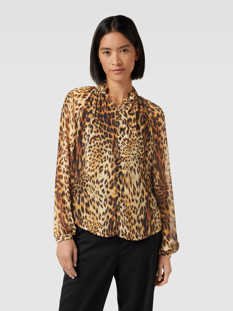 Bluse mit Animal-Print und Stehkragen in hellbraun