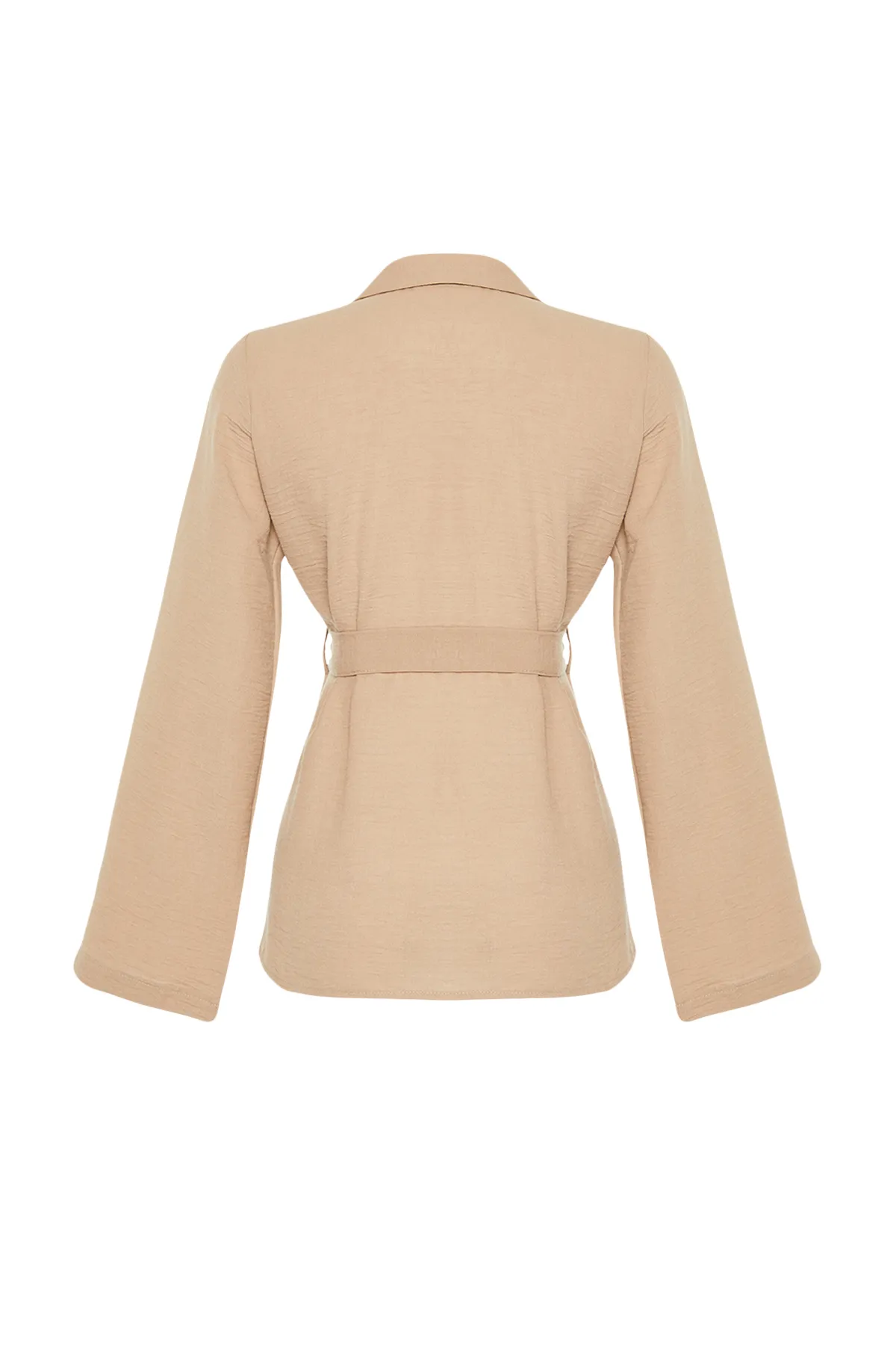 Trendyol Collection  Nerzfarbene, zweireihige Webbluse mit V-Ausschnitt und Bindedetail TWOSS24BZ00371