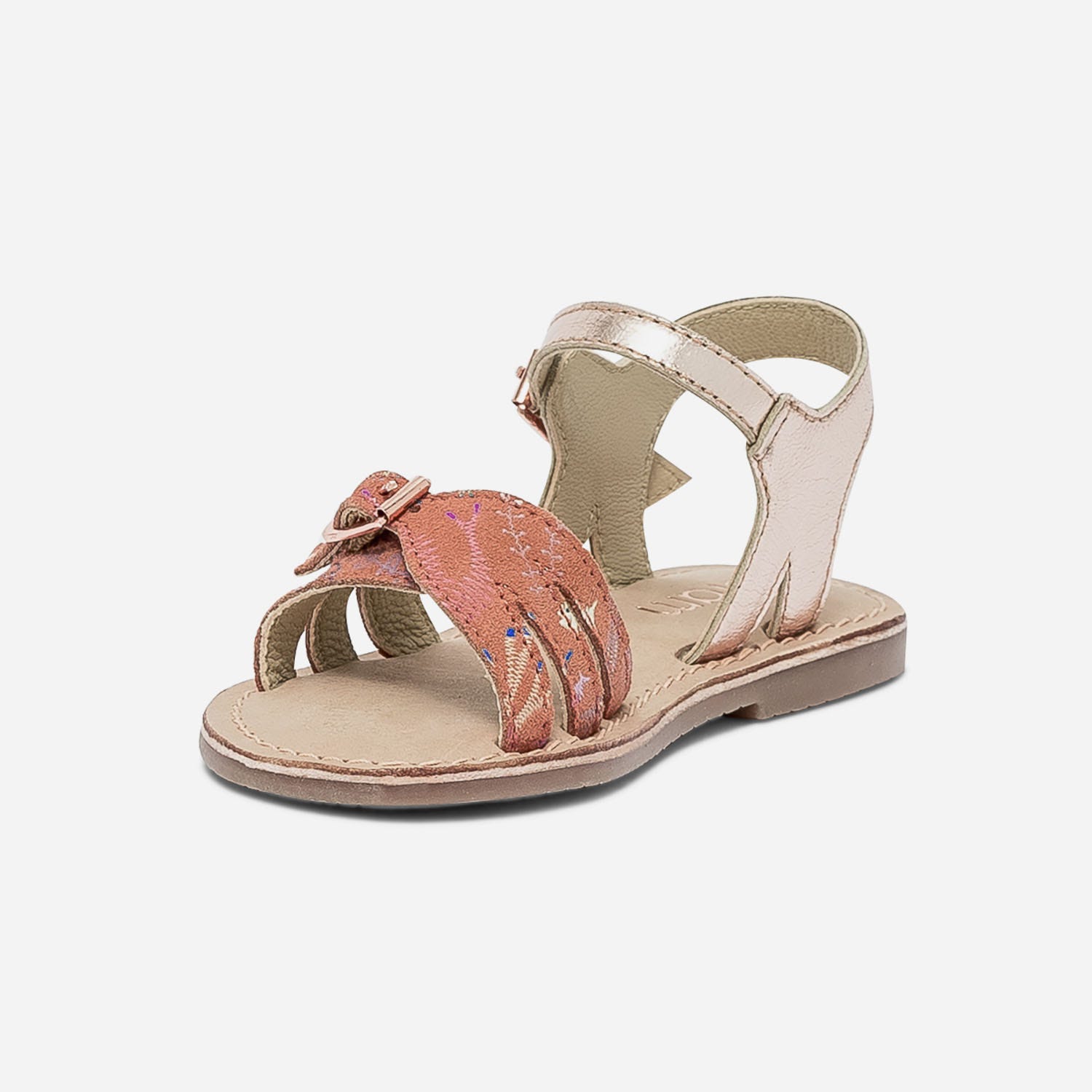 Sandale rose en cuir métallisé et cuir velours imprimé