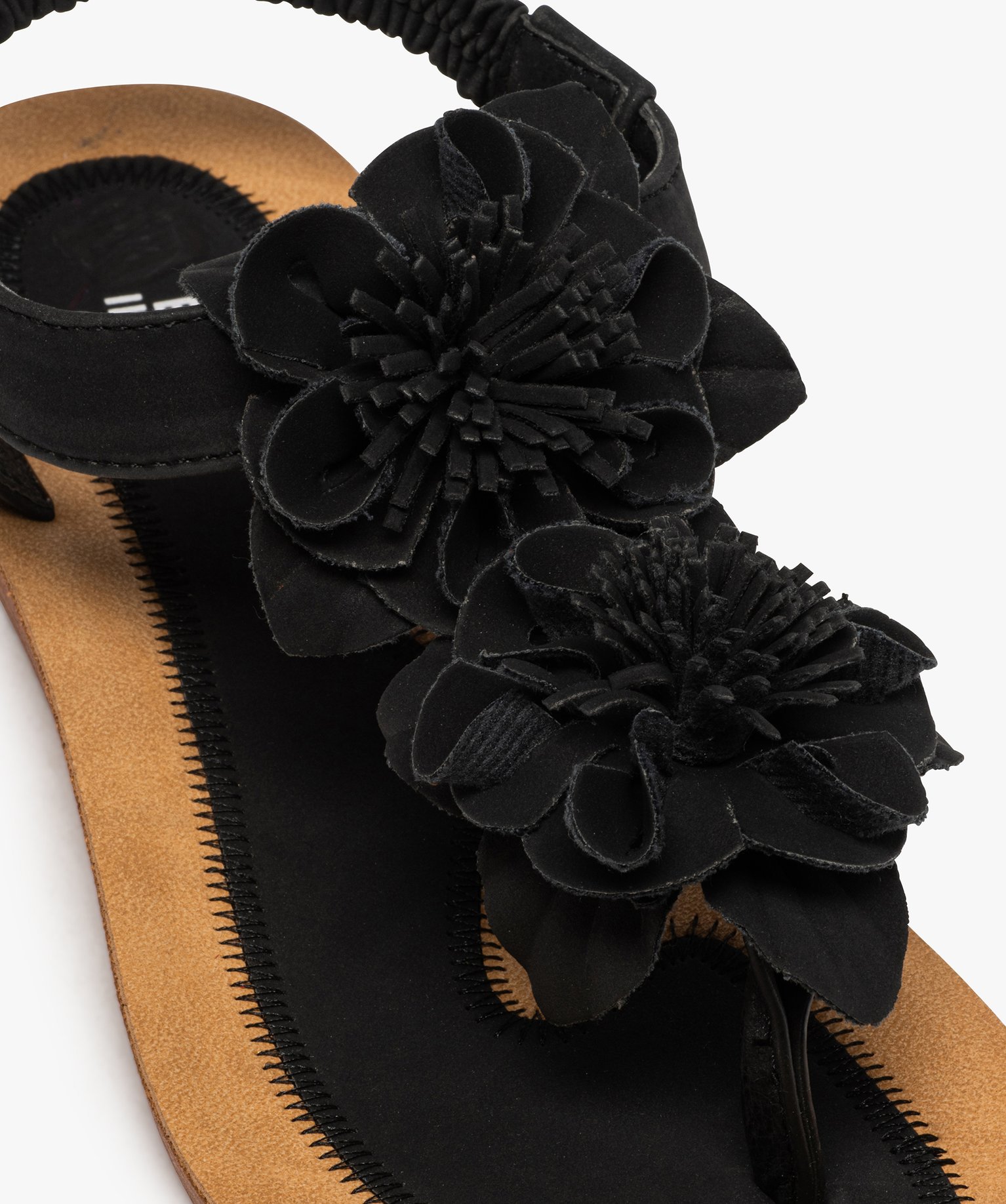 Sandales femme à entre-doigt ornées de fleurs en relief noir | GEMO