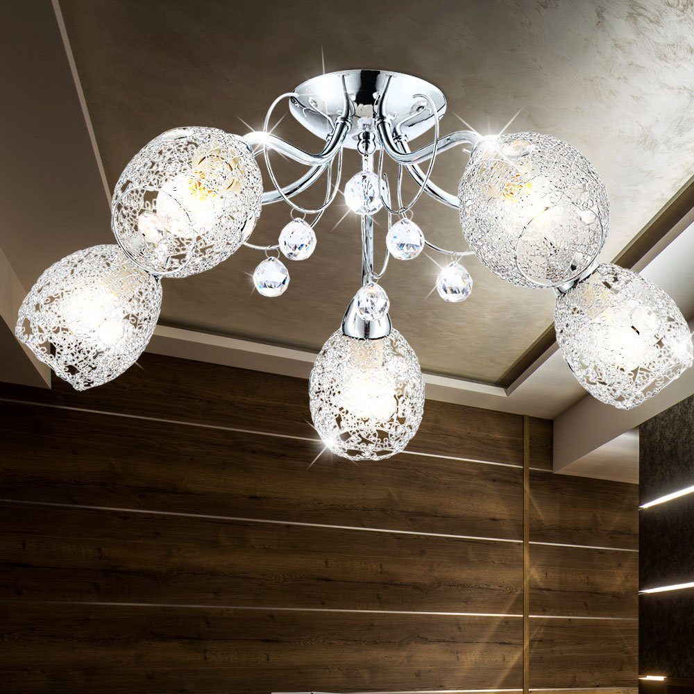 etc-shop LED Kugelleuchte, Leuchtmittel nicht inklusive, Deckenleuchte Kristall Deckenlampe Beleuchtung Chromgeflecht Licht