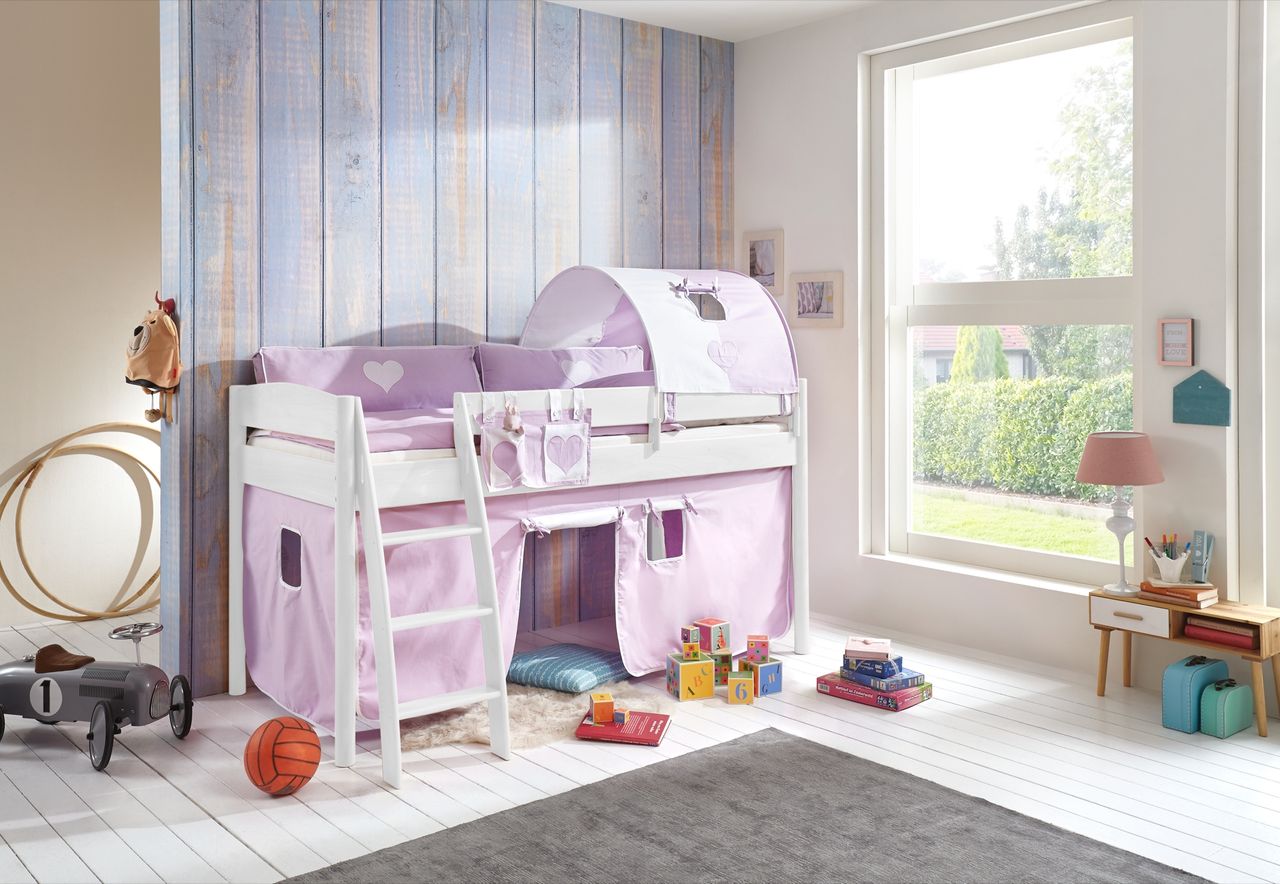 Relita Halbhohes Bett MICHELLE 90x200 cm Buche massiv weiß lackiert, mit Textilset Vorhang, 1-Tunnel, Tasche purple/weiß/herz