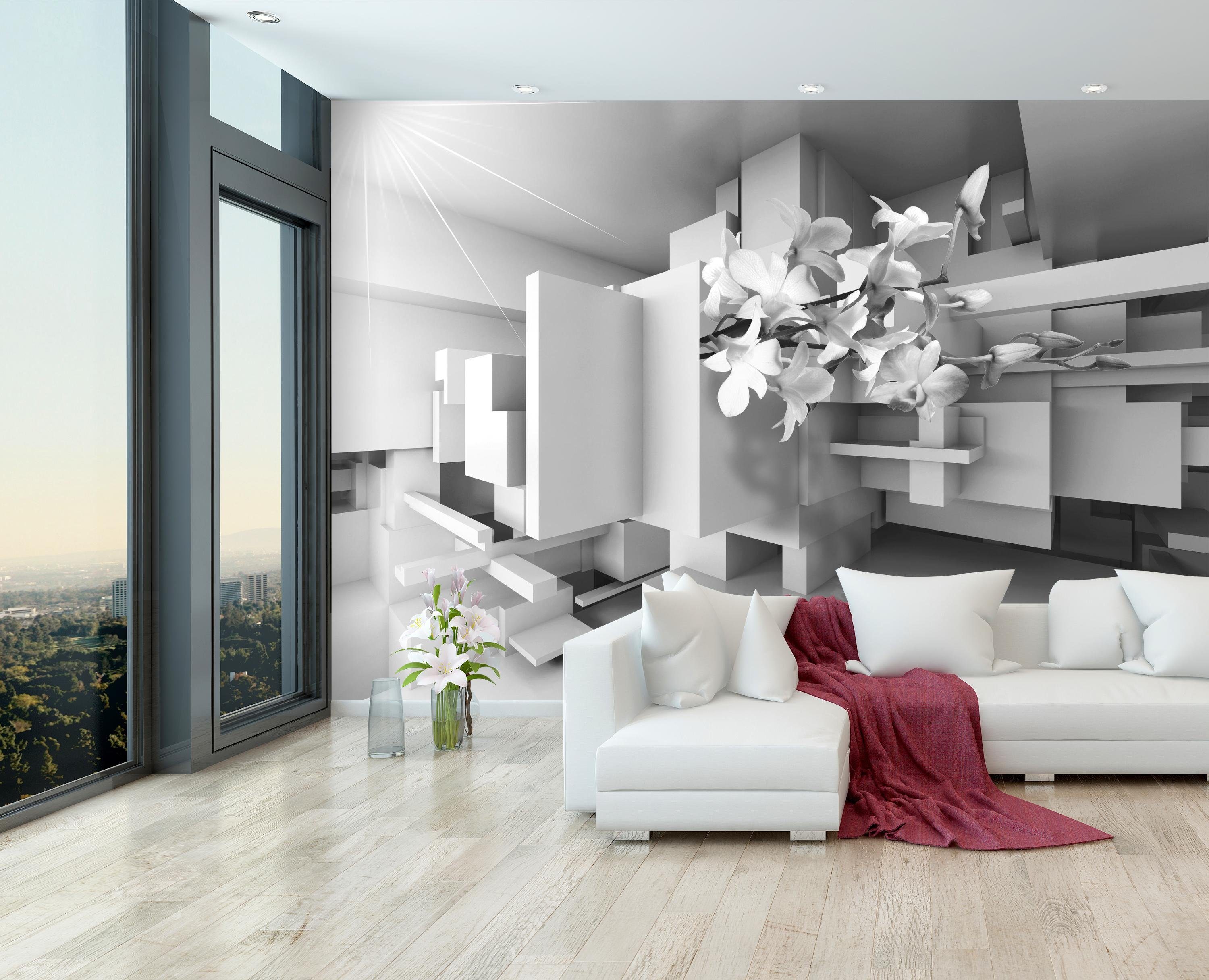 wandmotiv24 Fototapete Orchidee 3D Grau, glatt, Wandtapete, Motivtapete, matt, Vliestapete
