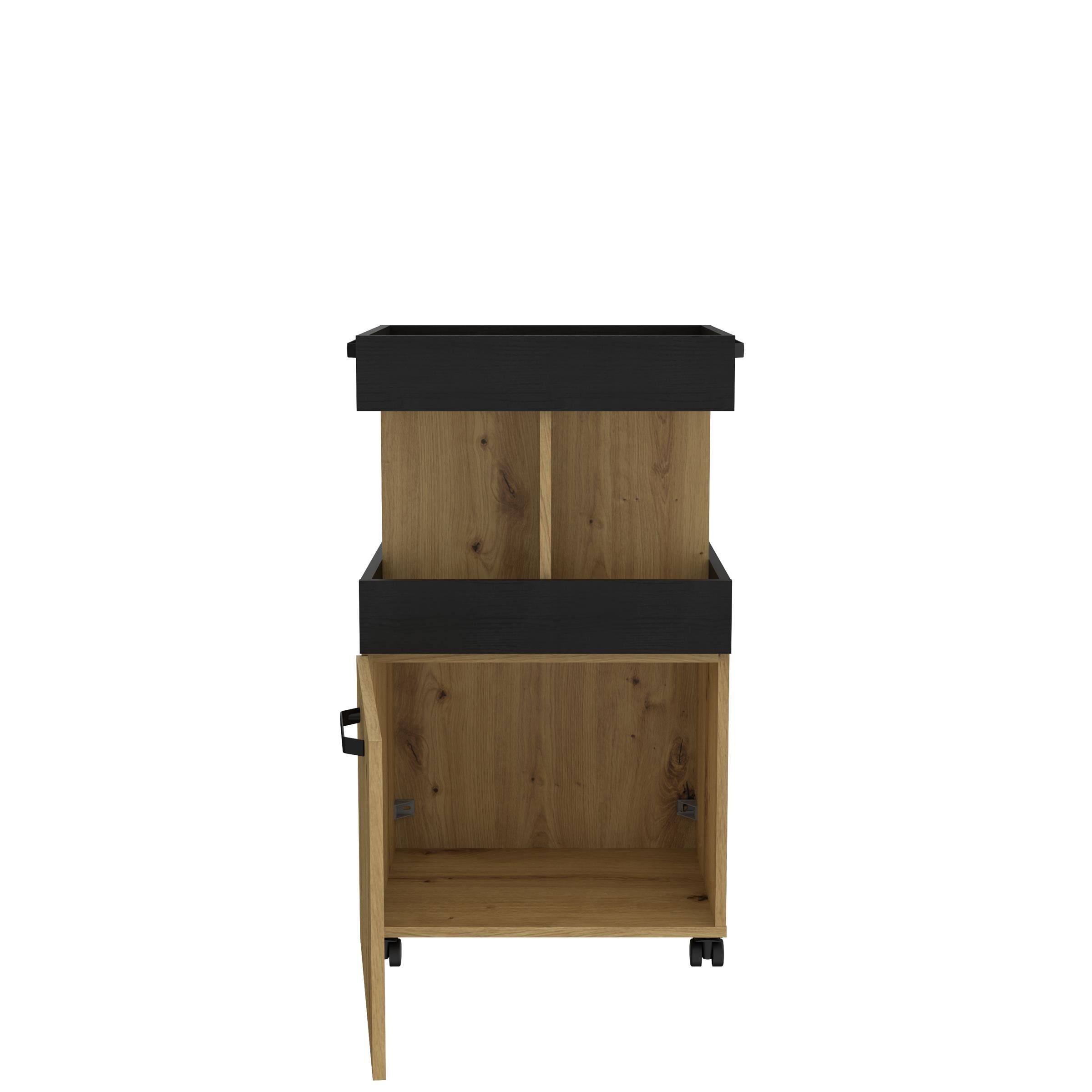 möbelando Barschrank Hydra Barschrank im modernen Industrial-Design aus Spanplatte in Artisan Eiche Nachbildung / Schwarz Eiche Nachbildung mit 1 Holztür, 1 Ablageboden, 4 offenen Fächern und 4 Rollen. Breite 50,2 cm, Höhe 88,5 cm, Tiefe 41,1 cm