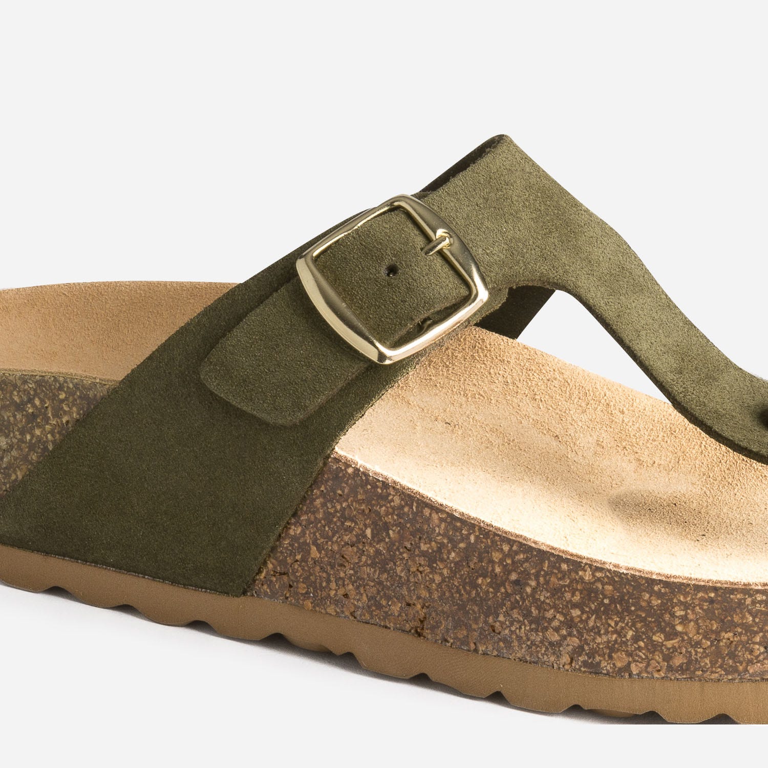 Tong anatomique kaki en cuir velours à plateforme