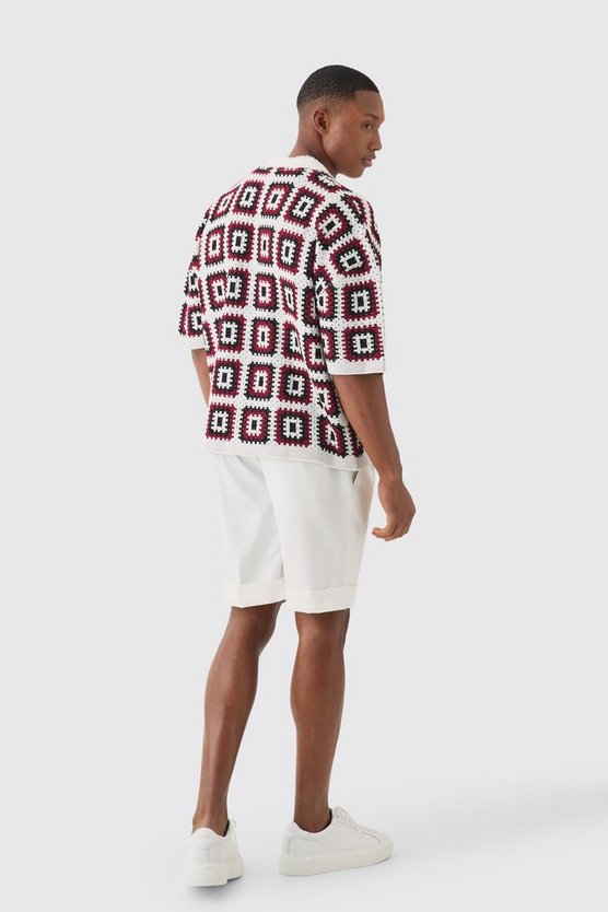 Kastiges gehäkeltes Oversize Poloshirt in Schwarz
