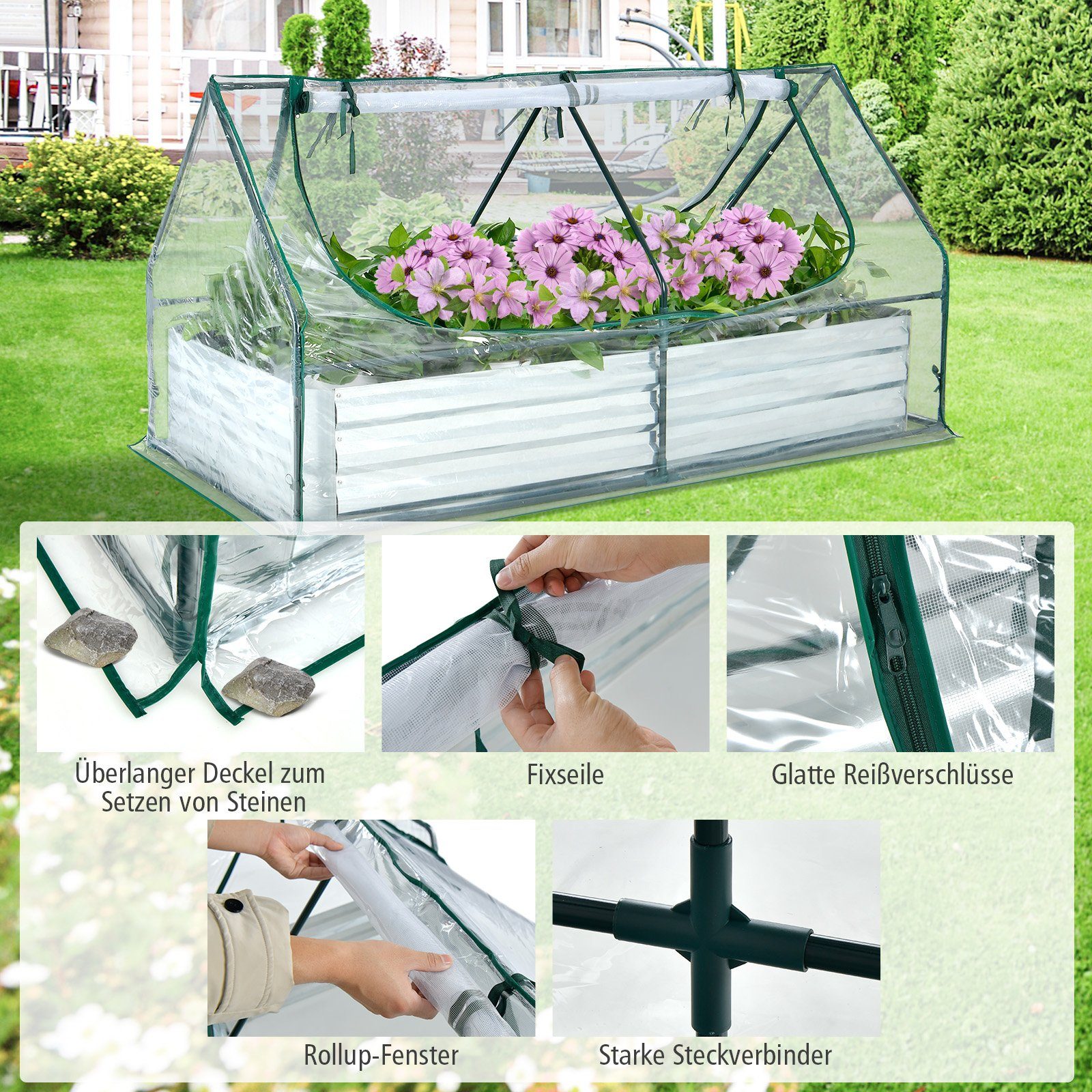 COSTWAY Hochbeet Frühbeet, 2in1, mit Gewächshaus, PVC-Folie, 2 Fenstern