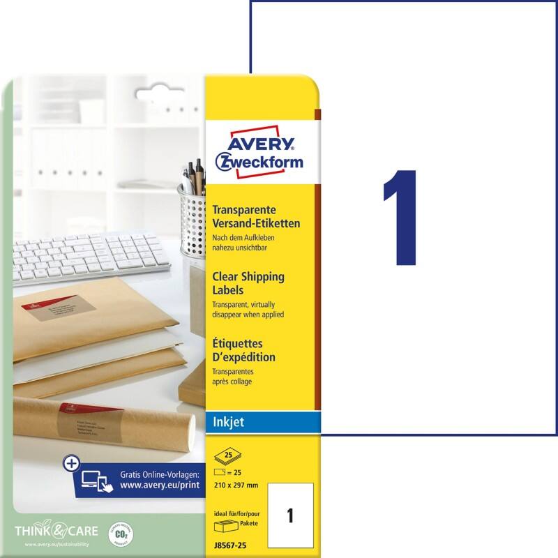 AVERY Zweckform Abziehhilfe QuickPEEL Versandetiketten J8567 25 Selbsthaftend DIN A4 Transparent 210 x 297 mm 25 Blatt à 1 Etiketten