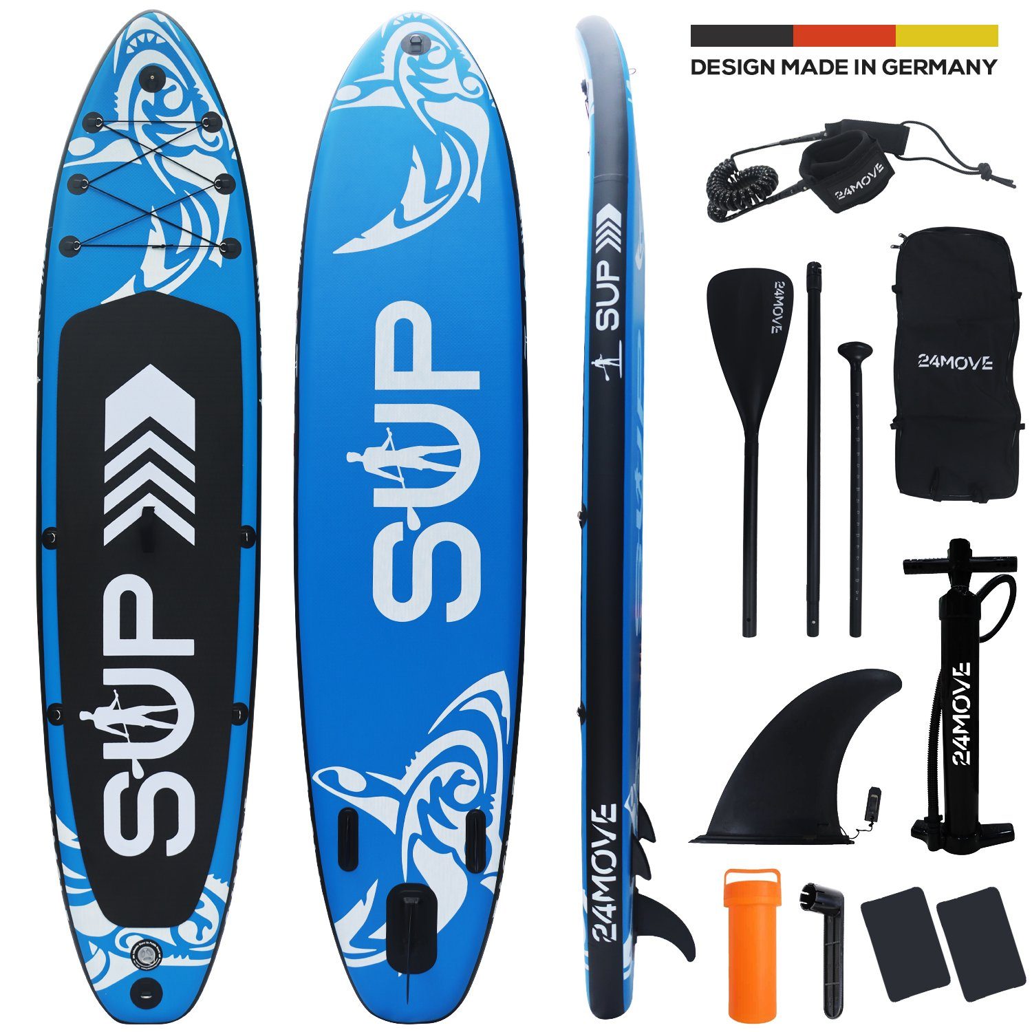 24Move SUP-Board Supboard Set, Premium Stand Up Paddleboard aufblasbar, inkl. Zubehör, Longboard, (Rucksack, Paddel, Action Cam ready, Doppelhub Pumpe, Sicherungsleine, 6 tlg., für Kinder & Erwachsene, BLAU, 366x80, bis 200 kg), mit Drop Stich Techno