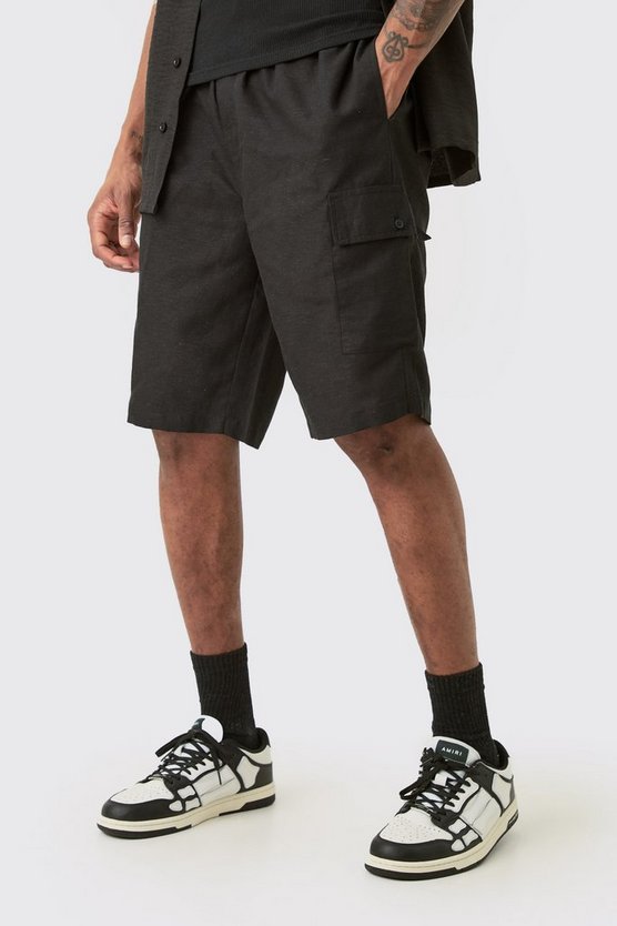 Tall lockere Leinen-Cargoshorts mit elastischem Bund in Schwarz