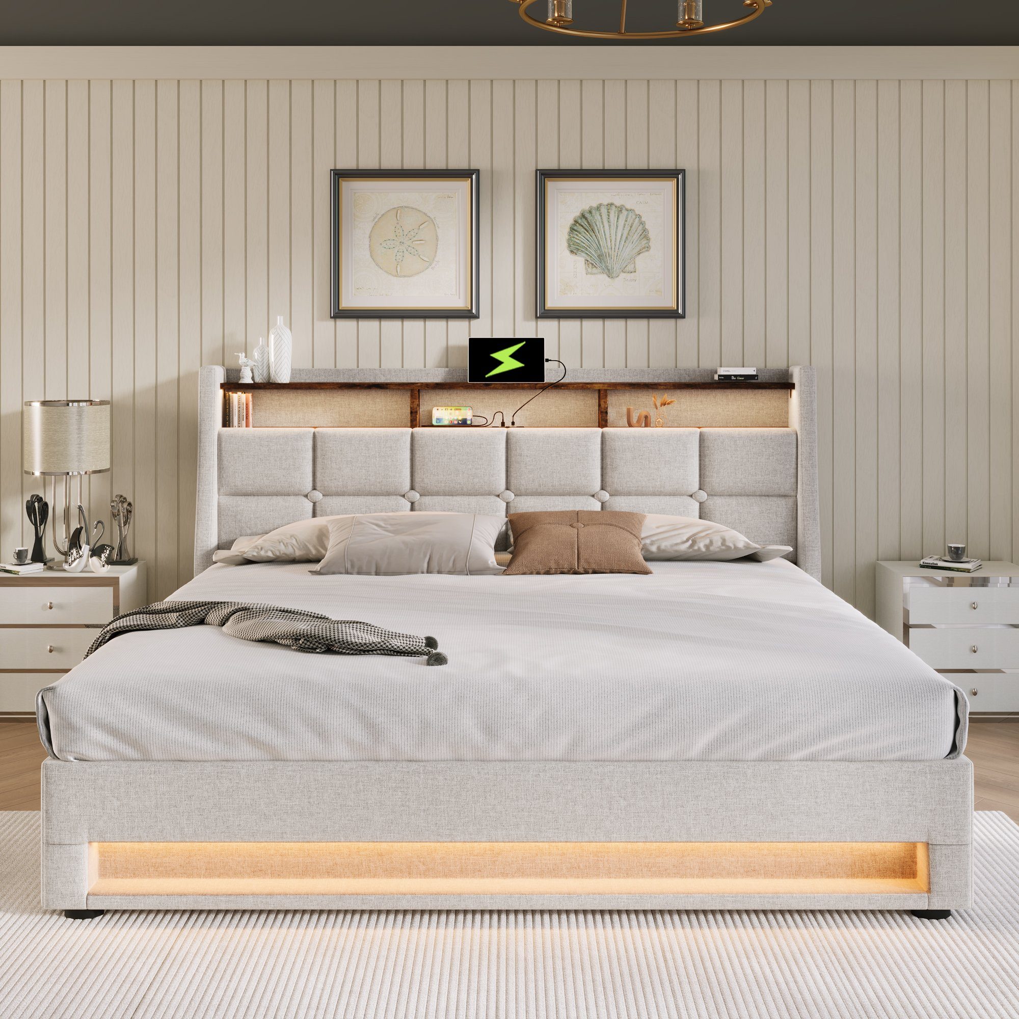 HAUSS SPLOE Polsterbett Polsterbett hydraulisches Doppelbett Funktionsbett Bettrahmen (LED Doppelbett Jugendbett mit USB/Typ-C Ladeanschluss), 180x200cm,Ohne Matratze