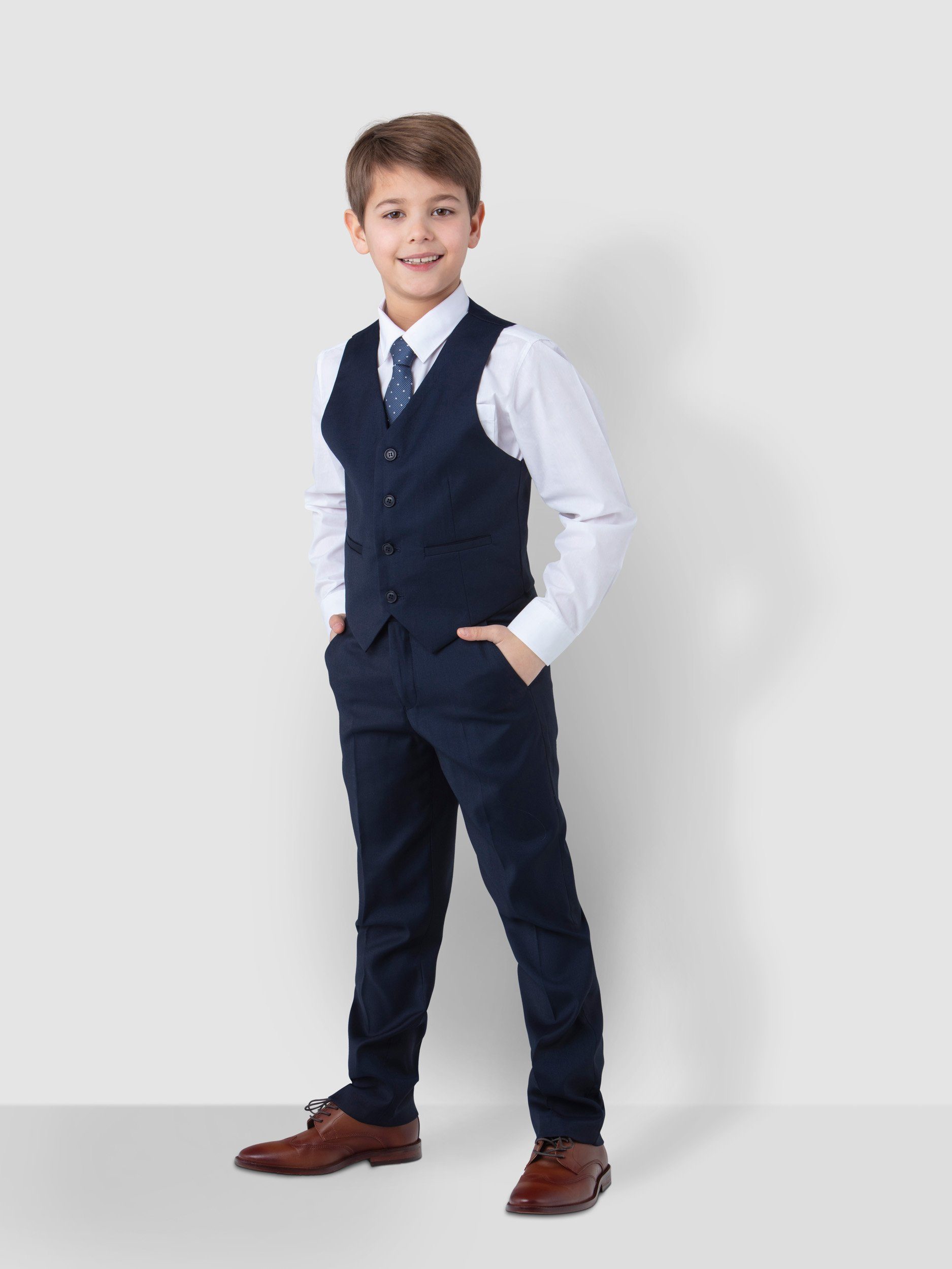 Melli-Trends Kinderanzug Luxuriöser Jungen Anzug, Kommunionanzug, 6-teilig, in Dunkelblau (Sakko, Weste, Hemd, Hose, Krawatte und Einstecktuch) festlich, elegant