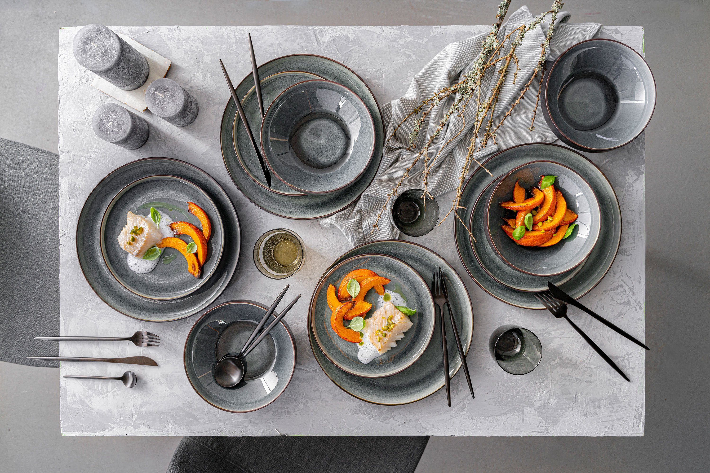 SÄNGER Tafelservice Helsinki Geschirrset (12-tlg), 4 Personen, Steingut, Schwarz mit grauen Akzenten, Handmade