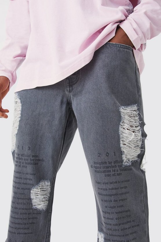 Lockere zerrissene Jeans mit Laser-Text