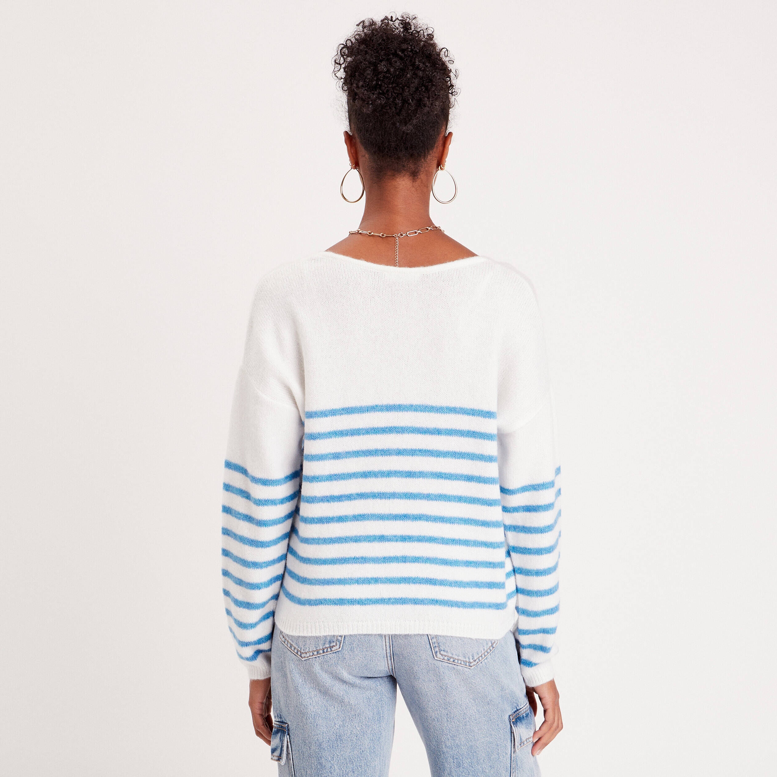 Pull manches longues col en V bleu femme | Cache Cache
