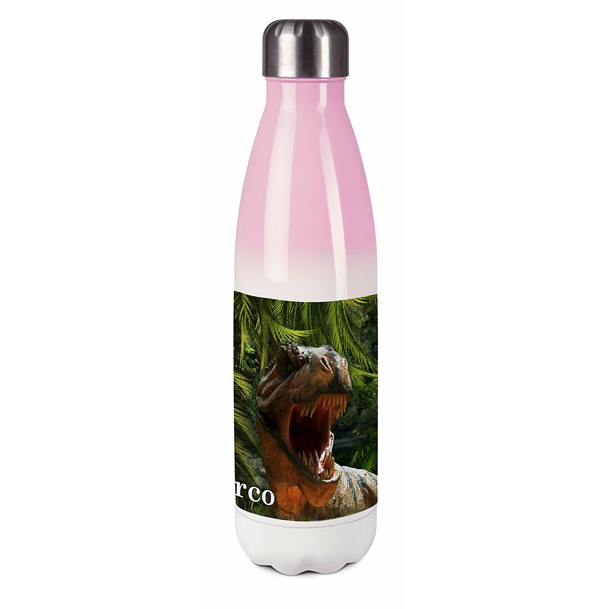 Edelstahl Kinder Thermoflasche / Trinkflasche bunt T-Rex Spülmaschinenfest, Auslaufsicher, Bruchfest, Doppelwandig, Für Heißgetränke geeignet, Mit Deckel, Isoliert