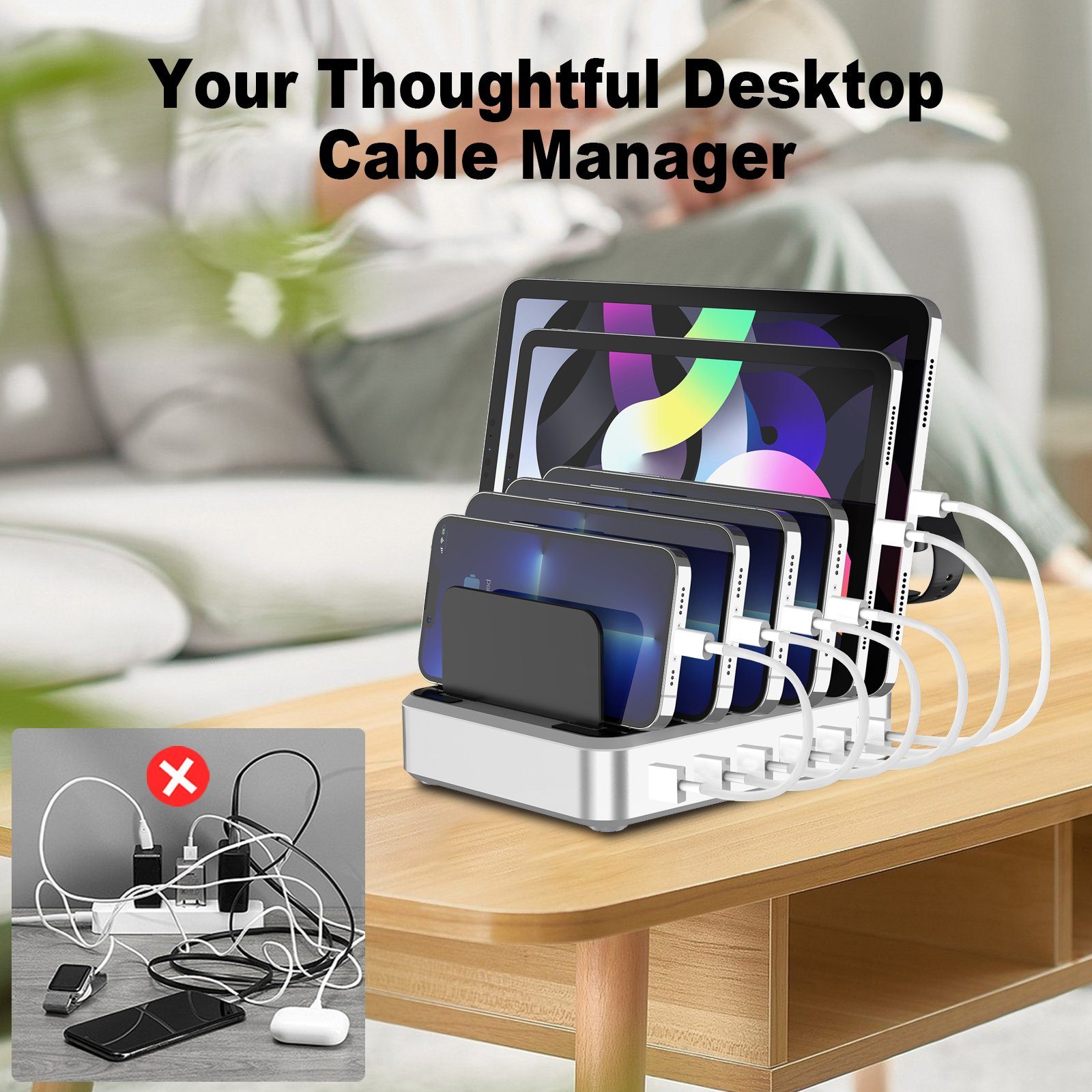 Yaviel Handy-Dockingstation Desktop Ladestation Geräte Multi Ladestation Mehrere Aufladestation, (Ladegerät USB C), Handy Ladestation Mehrfach Ladebox mit 6 USB Ports 68W