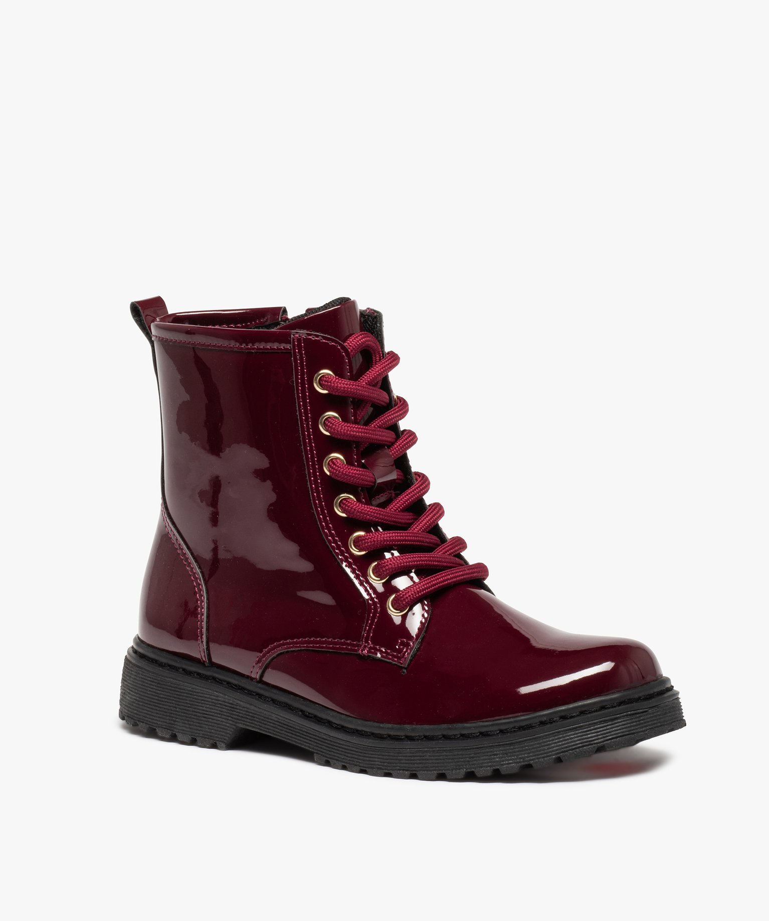 Boots fille vernies à lacets et zip style rangers rouge fonce | GEMO